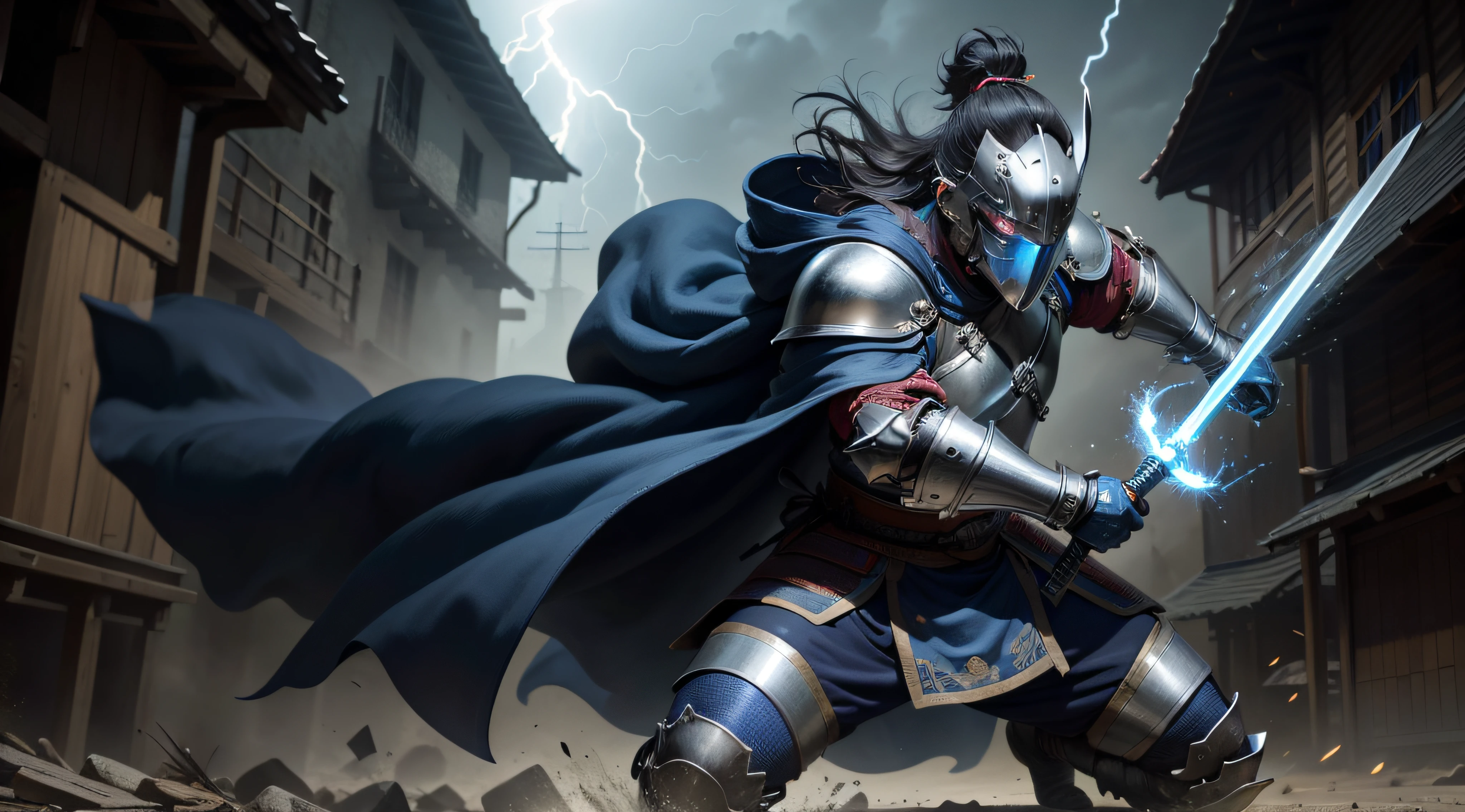 samurai warrior wearing a steel mask,full body armor, eyes that emit lightning sparks, with a blue robe, using the power of lightning and a sword with a stream of lightning, wearing medieval armor, blue, background of a medieval city that was destroyed due to war with abi in all buildings, and the background back of the war of samuari in the middle ages, high quality, with high resolution