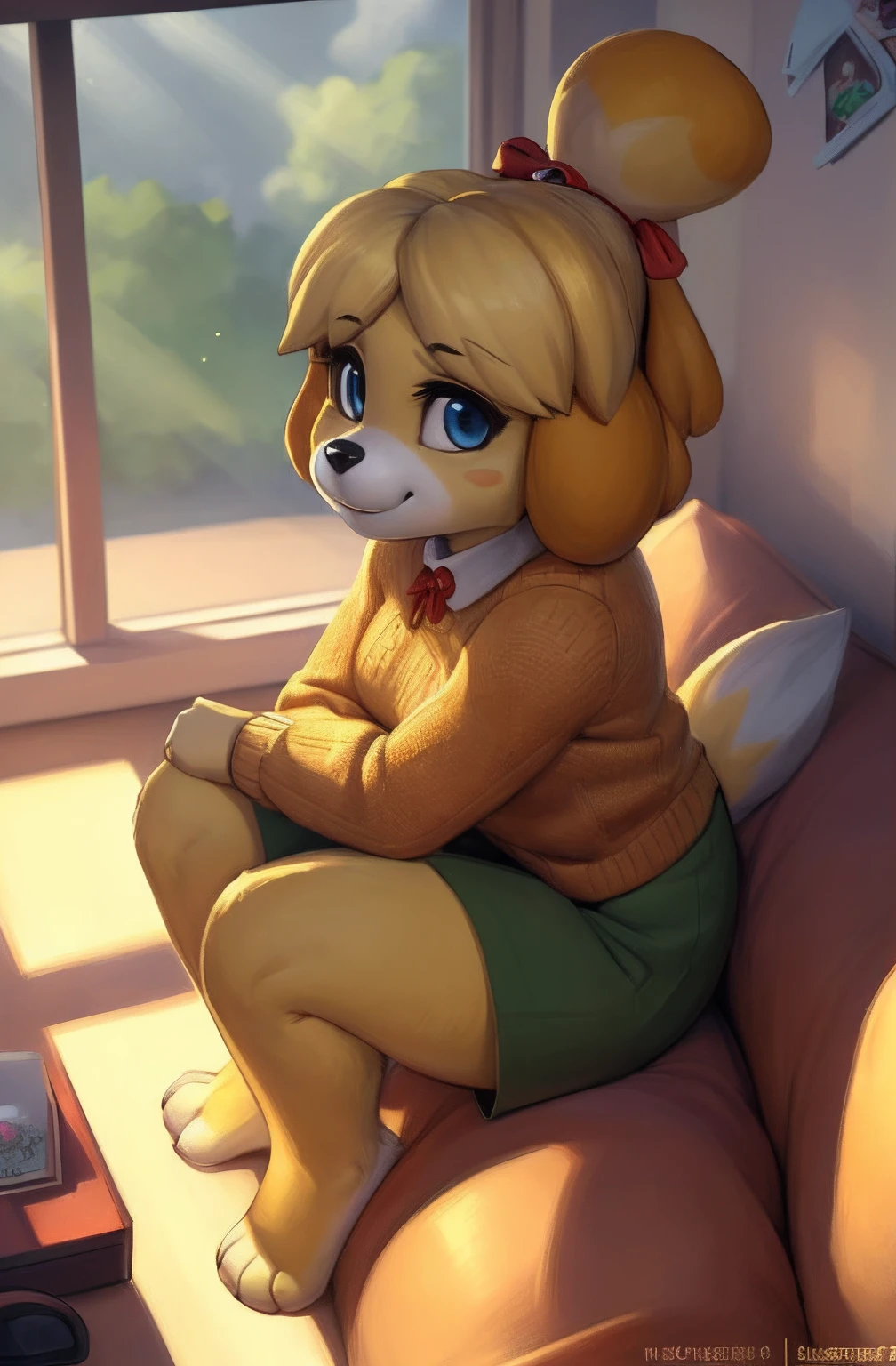 [isaCrossing], [Isabelle; Animal Crossing], [Uploaded to e621.net; (Pixelsketcher), (wamudraws)], ((masterpiece)), ((solo portrait)), ((bird's-eye view)), ((side view)), ((feet visible)), ((furry; anthro)), ((detailed fur)), ((detailed shading)), ((beautiful 2D art)), {anthro; (yellow fur, black nose), cute blue eyes, cute smile, (red bell hair-tie), blonde hair, topknot}, {(office woman), (red ribbon), (orange sweater), small boobs, short bodycon green skirt}, {(sitting on beanbag)}, [background; (office), (window), (sun rays)]