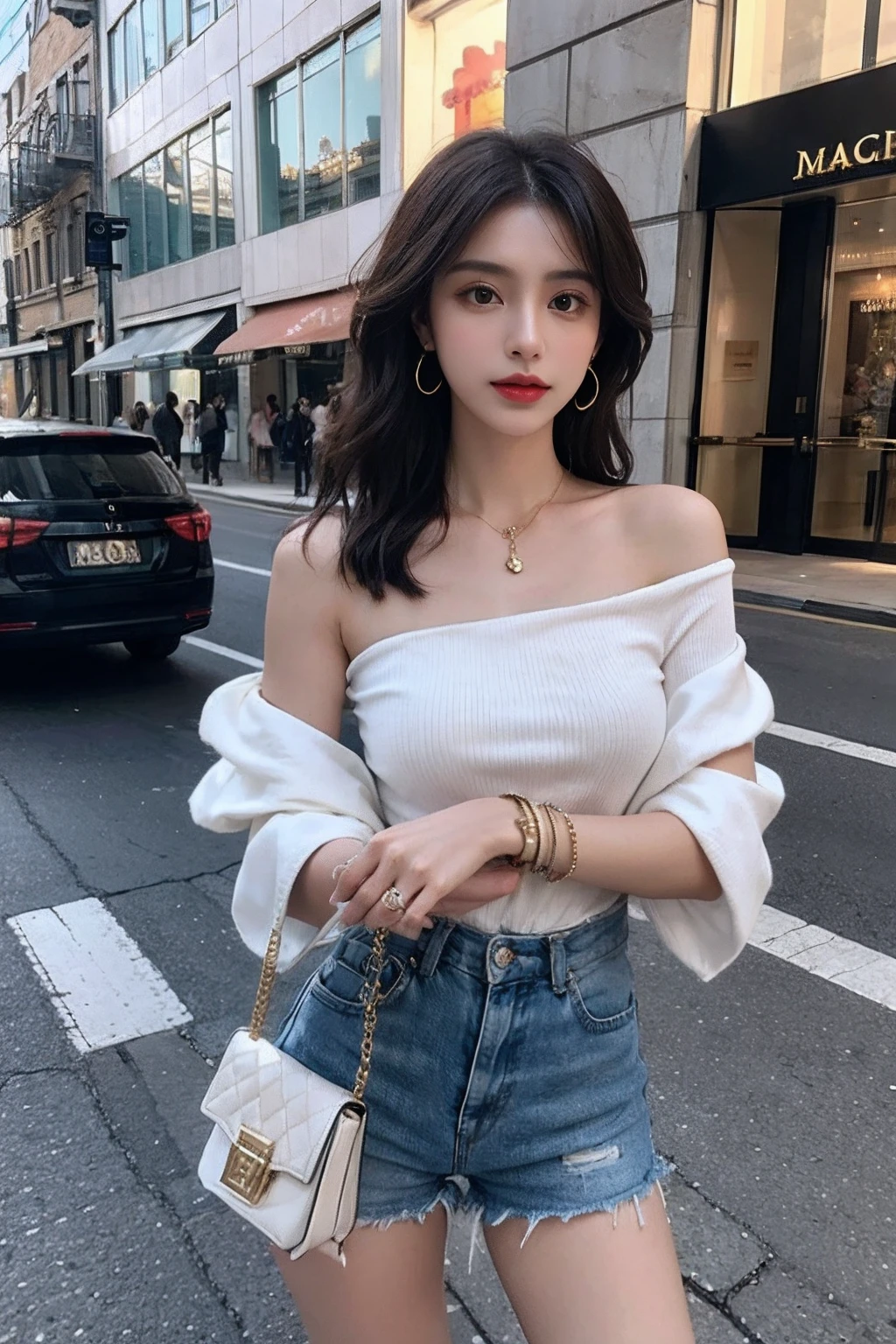 Beutiful women,street corner,Fashion shorts,Luxurious magic mirror,Stylish shoulder bag,Delicate bracelet,Gorgeous earrings,Enchanting necklace