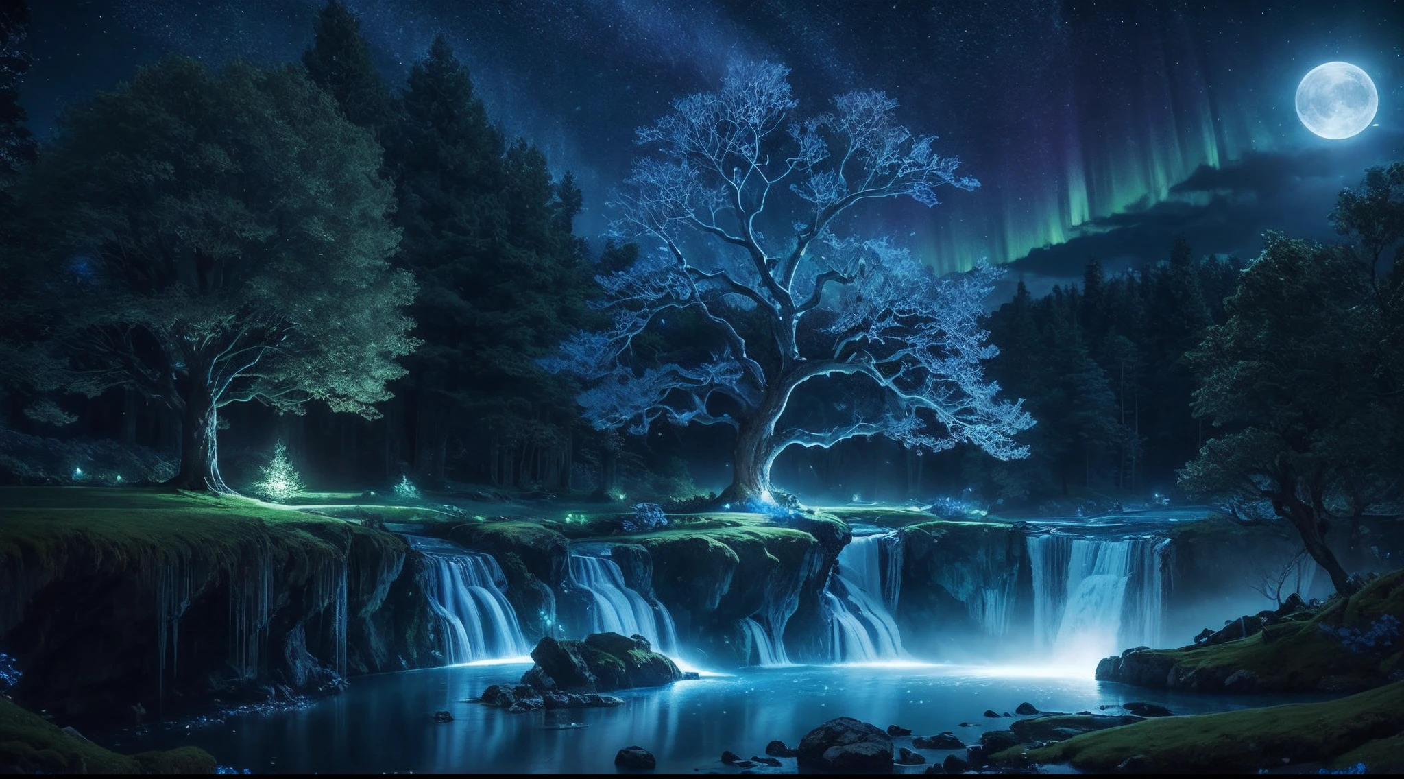 ultra detailed, beautiful and aesthetic, beautiful, masterpiece , mystery , atmospheric , fantastic , supernatural , best quality, dark cloudy night , 1 tree , very huge and very tall ancient fantasy tree , 1 huge blue glowing tree , tree splitting cloudy sky and moonlight beam coming down , flower field , few stone and cliff , shining tree , fantasy glowing bird around it , tree gathering blue glowing magic , blue shining river passes , river emitting blue magic , river make waterfall , fantasy aurora , (ultra detailed scene) , (ultra detailed tree) , (ultra detailed moonlight beam) , (ultra detailed glowing river) , (ultra detailed waterfall) , (ultra detailed aurora)