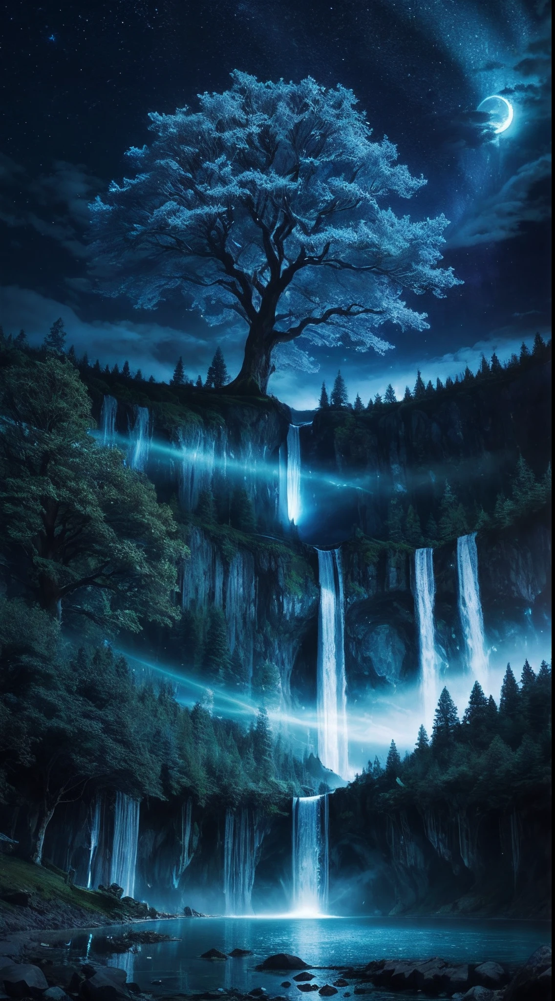 ultra detailed, beautiful and aesthetic, beautiful, masterpiece , mystery , atmospheric , fantastic , supernatural , best quality, dark cloudy night , 1 tree , very huge and very tall ancient fantasy tree , 1 huge blue glowing tree , tree splitting cloudy sky and moonlight beam coming down , flower field , few stone and cliff , shining tree , fantasy glowing bird around it , tree gathering blue glowing magic , blue shining river passes , river emitting blue magic , river make waterfall , fantasy aurora , (ultra detailed scene) , (ultra detailed tree) , (ultra detailed moonlight beam) , (ultra detailed glowing river) , (ultra detailed waterfall) , (ultra detailed aurora)