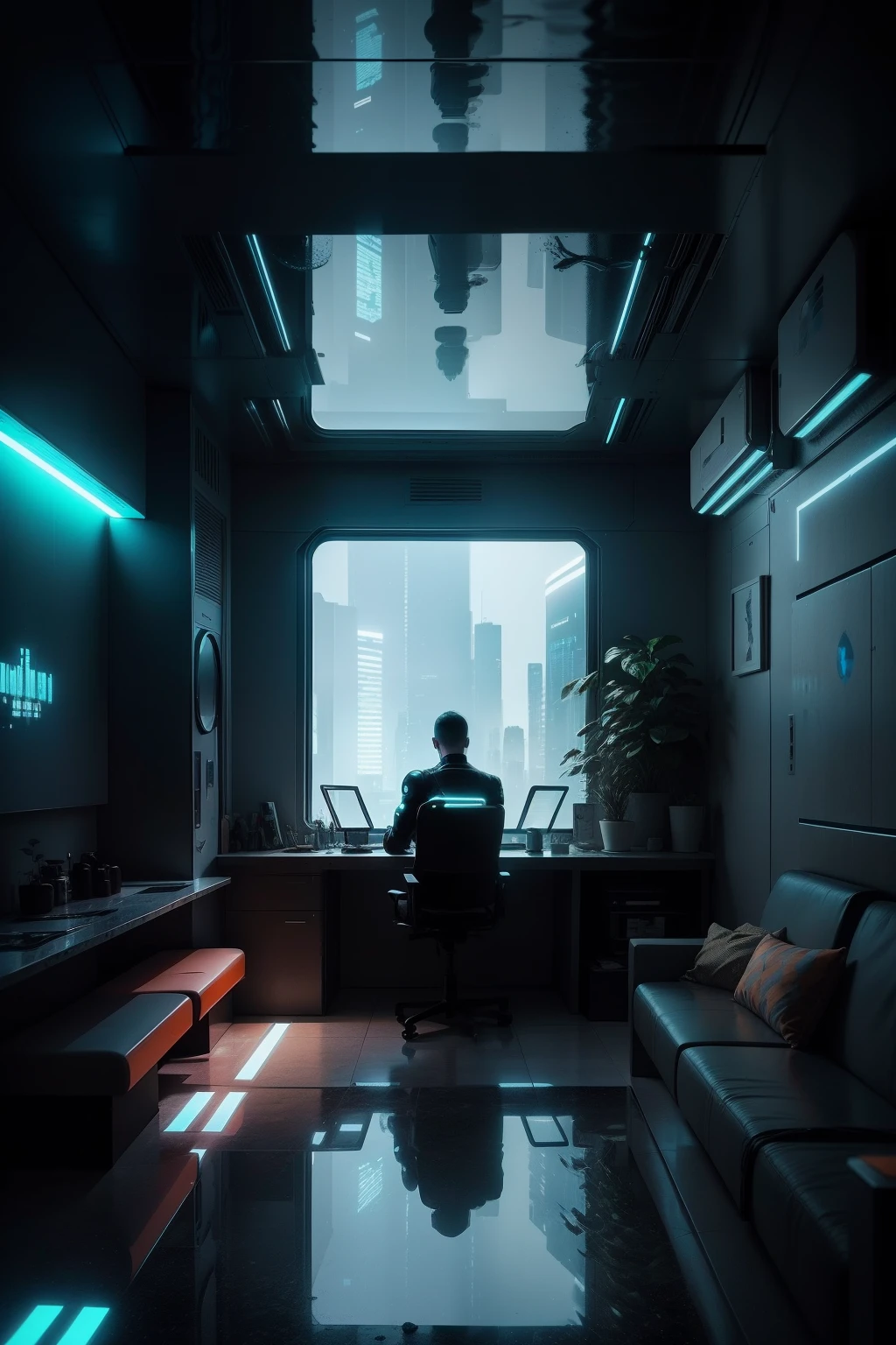 In the universe，A room floating between planets，Room length 100 meters，Width 50 meters，Height 5 meters，No roof，Look up and see the stars，The floor of the room is transparent glass，The glass can see the starry sky，The rooms are decorated in a cyberpunk style，It is decorated with various neon lights in cyberpunk style，The three walls of the room are orange, and there is nothing left except cyberpunk-style lights，The remaining background wall is black，This wall is a large transparent fish tank，In the bathtub are humans working in all walks of life，A light shot down from above the bathtub shone into the fish tank，Directly in front of the bathtub is a gray table 10 meters long and 2 meters wide，On the table is a cyberpunk-style computer，At the table was a seated man with a height of one meter eight facing away from us，Look at the computer in front of it，On the computer screen, this passage describes what it looks like