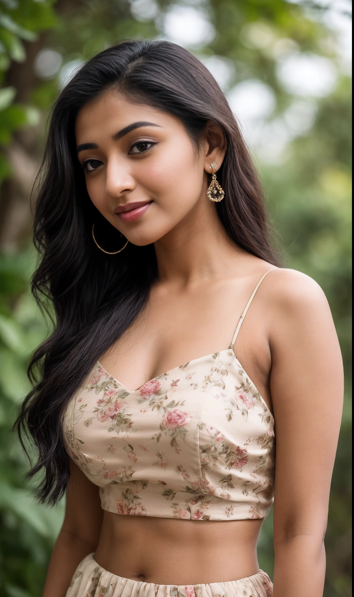 ((RAW, analog style)), face, extremely detailed full body color photo of a 25 y.o girl, beautiful face, beautiful eyes, ((small nose)), big natural lips, ((fabric crop top)), medium breasts, slim body, outdoor, trees, ((film grain, skin details, high detailed skin texture, 8k hdr, dslr)), indian female model yami gautami, close-up picture of yami gautmi, floral dress. Sexy figure, hot looks, long curly hair