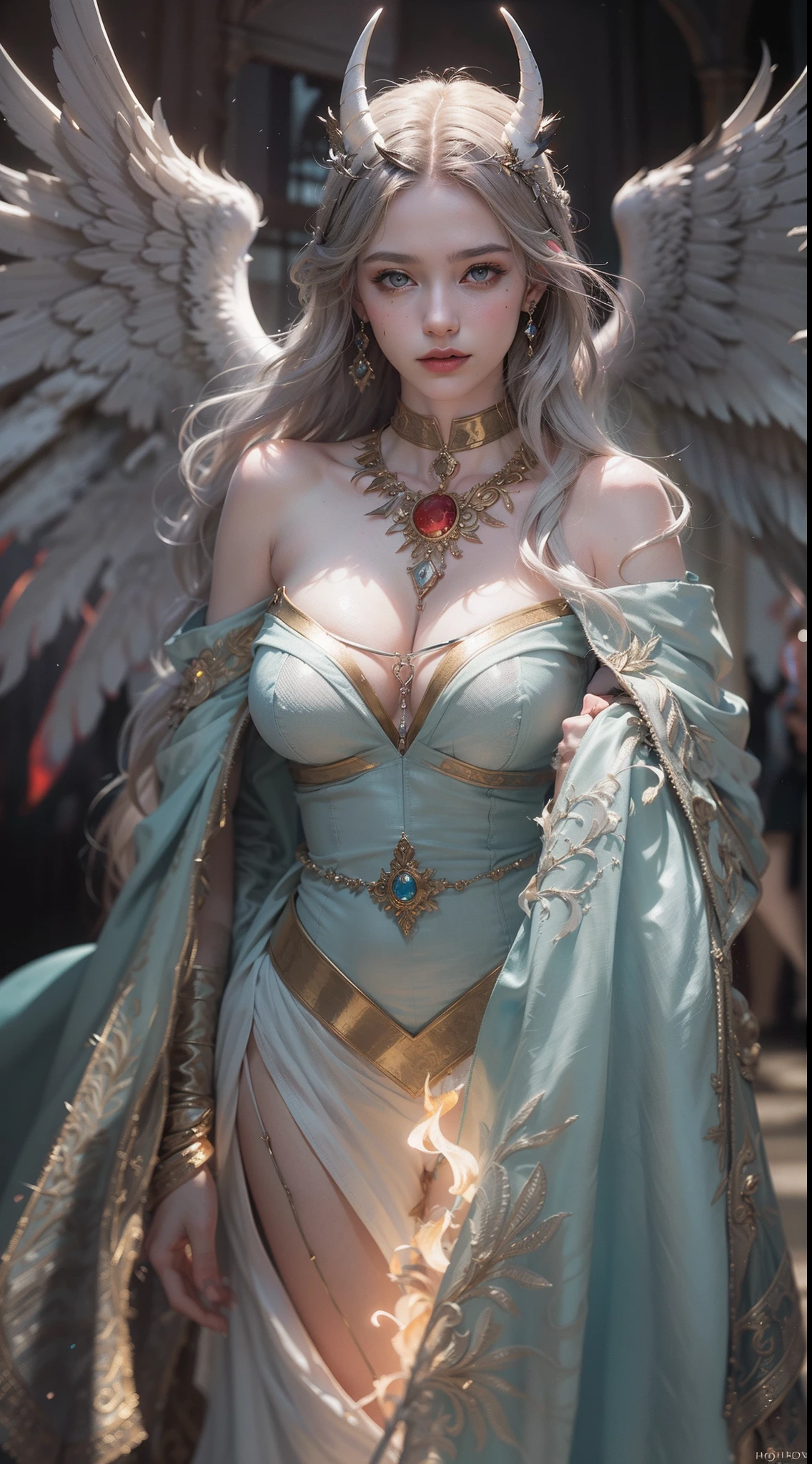 (Numerous award-winning masterpieces, with incredible detail, textures and maximum detail), (hyper realistic:1.4), (upper body up:0.4), (realistic:1.3), (best quality real texture skin), ((full-body standing image)), (finely detailed true circle Symmetrical eyes), (A finely drawn beautiful face), (decadent image: 1.5), (Aesthetic image: 1.5), lewd and seductive image, ((medieval world)), ((The Lord's Black Devil)), ((The Lord's White Devil)), (icy look in the eye), (She has a mischievous smile on her face), (Eyes that glow red in the dark:1.5), (many Devil dancing in the background), (Dramatic Light), (A majestic sight), (Her countenance is gentle and beautiful, but somehow terrifying), ((Large wings with feathers behind shoulders)), (Folded wings), Glass earrings on the ears, (((dramatic photo))), (twilight), (sunset), (dusk), (Seducing Pose), (dramatic pose), (golden hair), (silver hair), (chestnut hair), Short cut hair, ((Full-length portrait)), ((looks up)), ((looking down)), (Around her neck is a simple necklace of exquisite workmanship), (Swirling flames), (Swirling lightning), (swirling ice and snow), ((gives full-body standing image)), Old ruins infested with plants, great temple, great cathedral, temple ruins, detached temple, Luminous magic circle, Ruins of an ancient castle, Deserted ruins, crumbling ruins, Ancient ruins with clear water, wavelets, running water, Shining majestic cloud masses and sky, lightning bolt, epic realistic, ((neutral colors)), (hdr:1.5), (muted colors:1.2), hyper detailed, cinematic, warm lights, dramatic light, (intricate details:1.1), complex background,