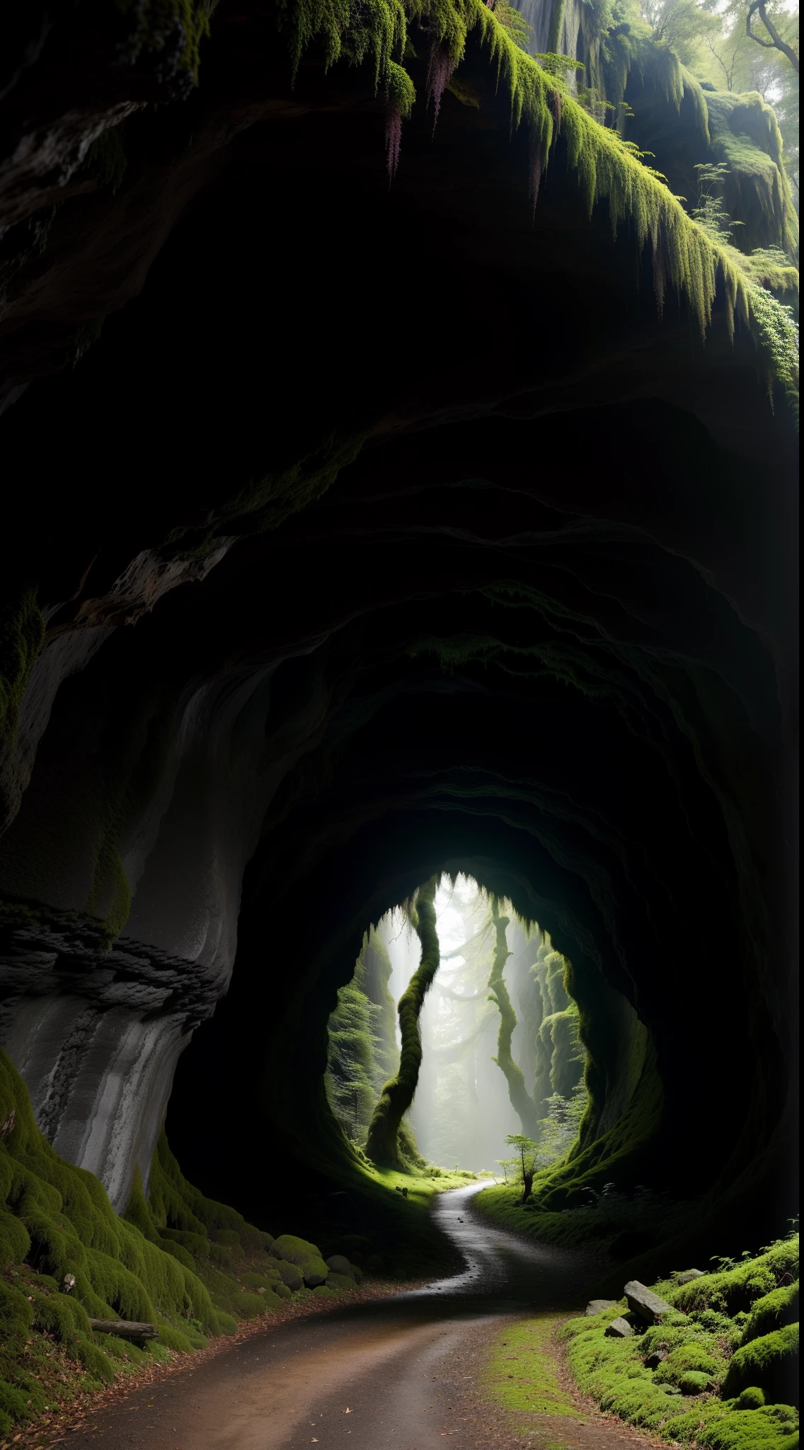 A big deep cave, dark forest, mysterious trees, every where moss,