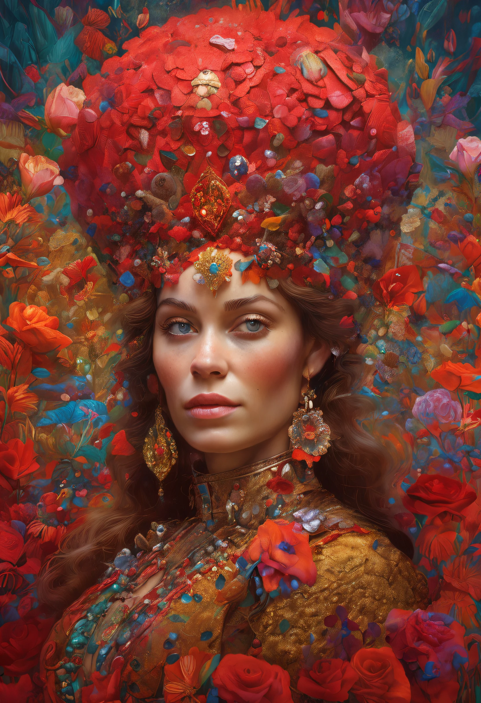 a painting of a woman, a detailed painting, by Victor Nizovtsev, an ai generated image, discord pfp, high detailed photography red, pretty female cleric, dressed as a queen, russian style, face with artgram