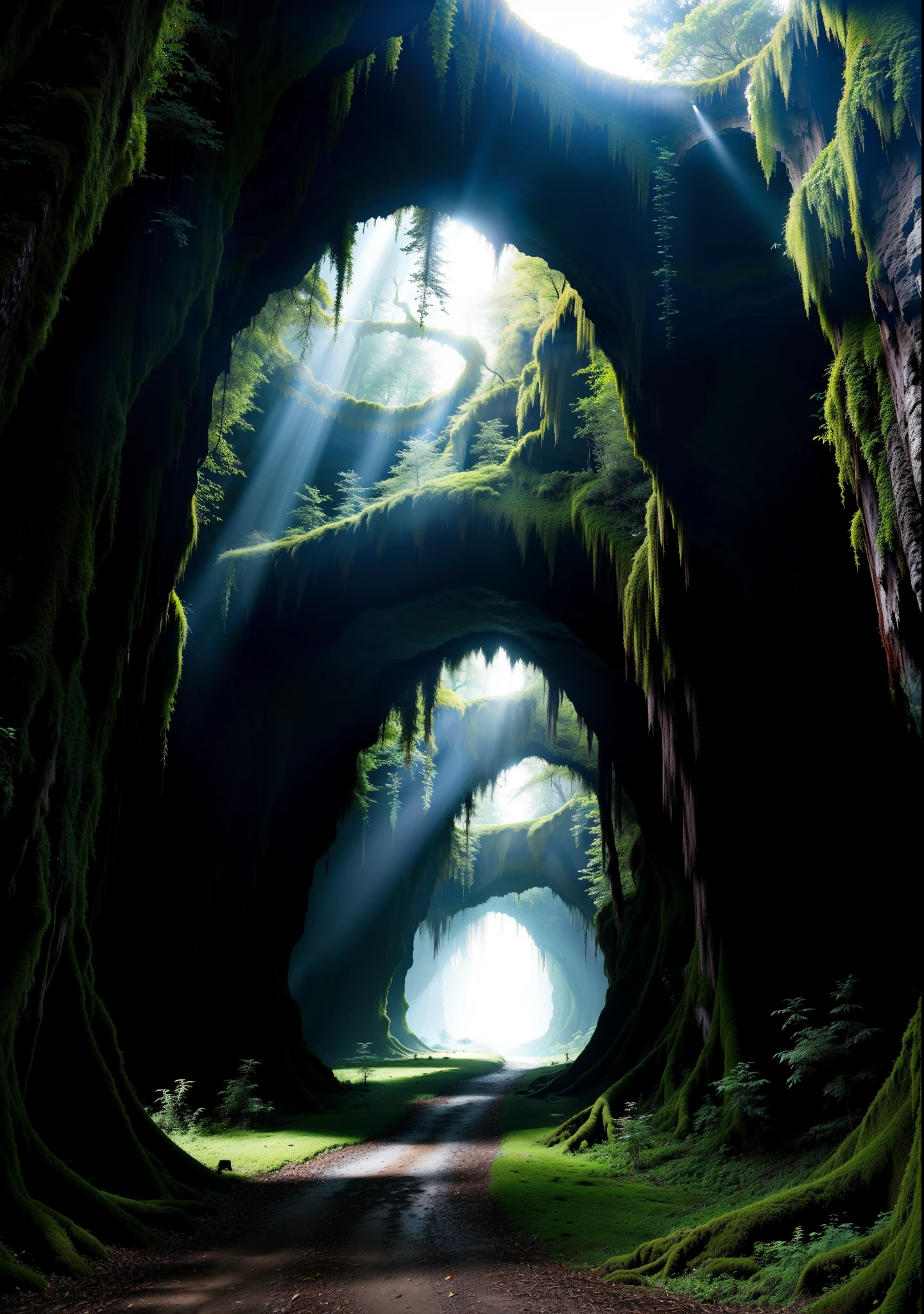 A big deep cave, dark forest, mysterious trees,  every where moss,
