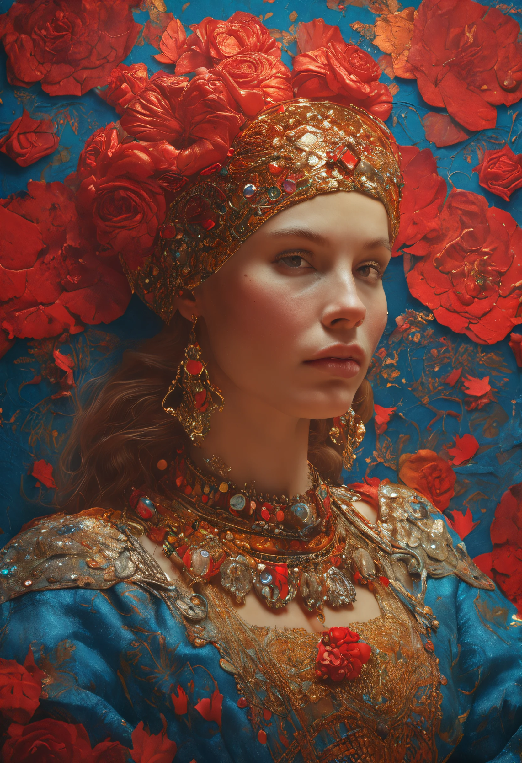 a painting of a woman, a detailed painting, by Victor Nizovtsev, an ai generated image, discord pfp, high detailed photography red, pretty female cleric, dressed as a queen, russian style, face with artgram