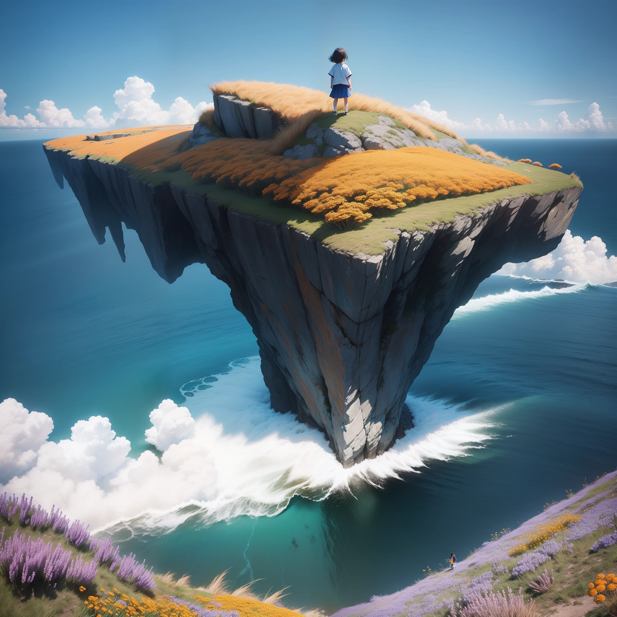 Best quality, hiyao miyazaki,8K，Super healing little boy little girl looking out to sea high on the edge of a cliff，plethora of colors，Ultra-wide field of view，grassy fields，Sea of blue flowers，Sea of orange flowers，dream magical，the sea，and the sun was shining brightly，vectorial，tmasterpiece，awardwinning
