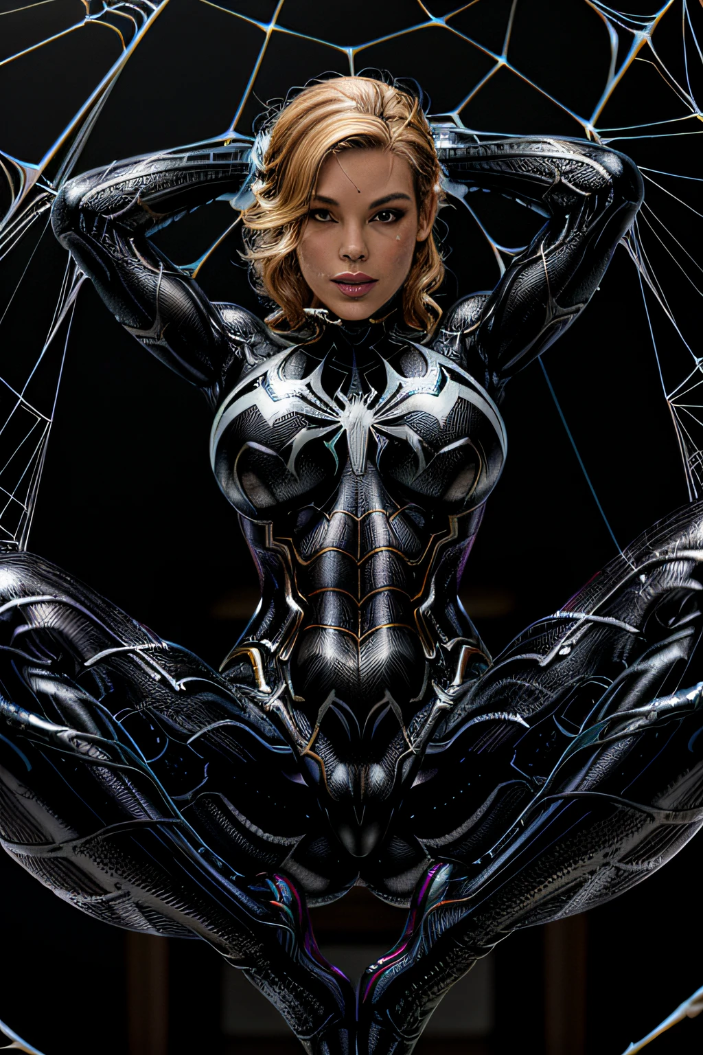 Obra-prima, 8k, realista, good ilumination, (((Amanda Righetti garota de 28 anos, terno preto do homem aranha venom com aranha branca no peito, loira))), cabelo comprido, sem corte, rosto bonito, chuva, telhado, obra-prima, detalhes trincados, anatomia perfeita, (((Swinging in the web)))