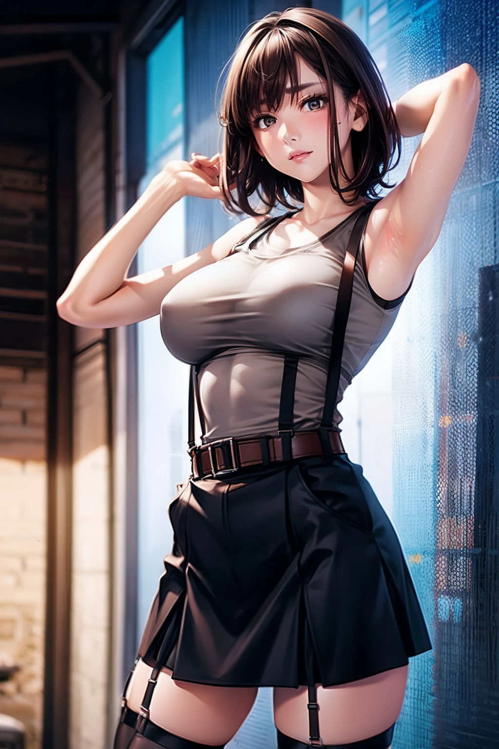 Black skirt, Tank Tops　suspenders, Brown hair Gray eyes, Garter belt on the legs, Tight clothes, 　　 a belt　Armpit sweat　　deadpan　large full breasts　short-cut