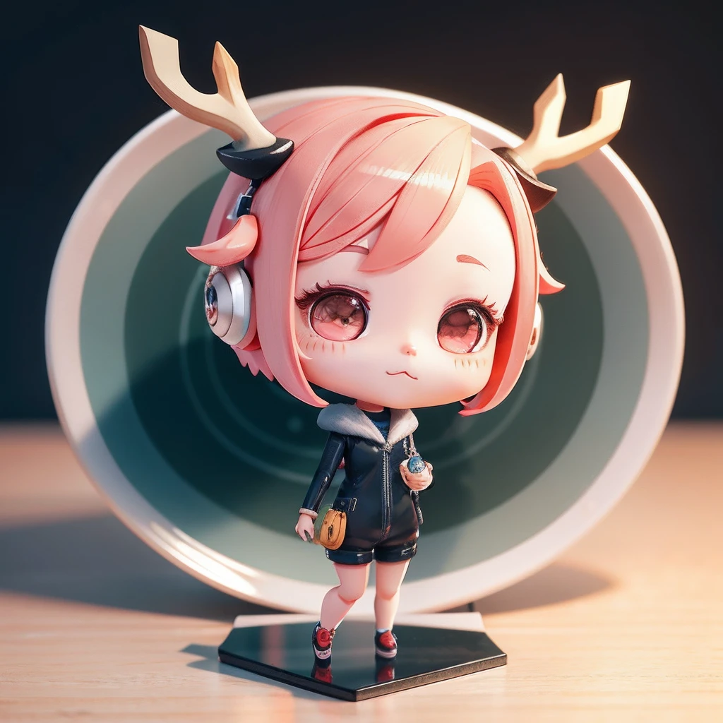 Cute chibi anime，Antlers mini cute short hair girl，No ears，Cute 3d render，Cute detailed digital art，lovely digital painting，Stylized 3D rendering，adorable digital art，Cute rendered 3d anime girl，adolable！C4D，vinyl toy figurine，art toys，She wears a long-sleeved jumpsuit，