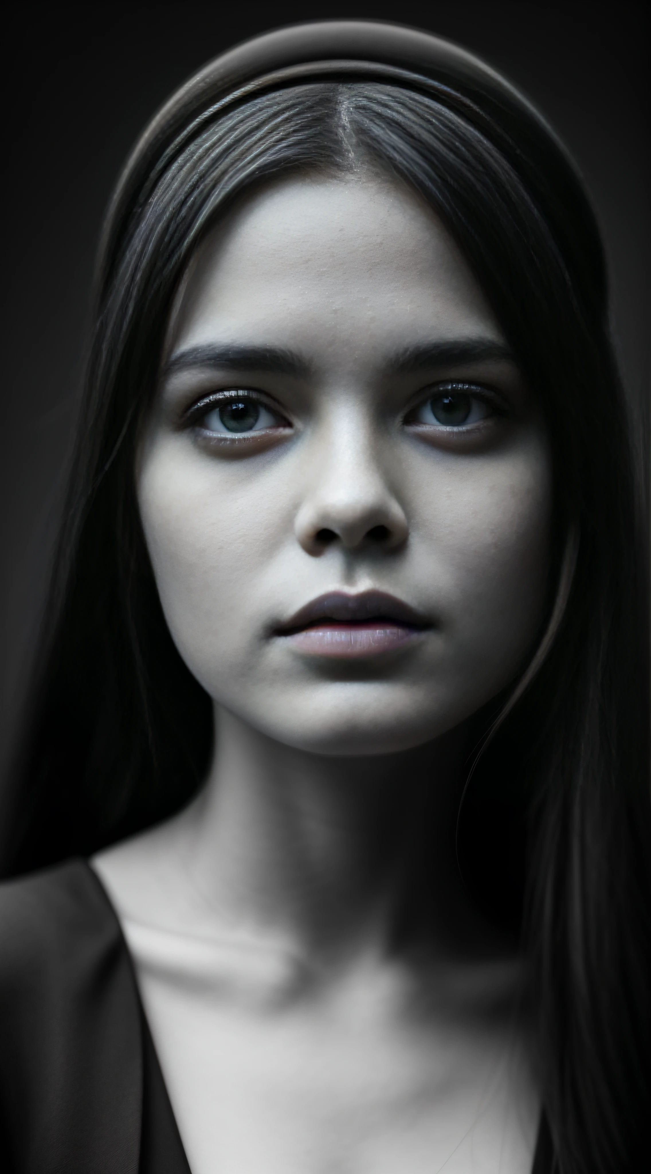 Black and White Portrait of a Young gothic lolita, grimdark style, Woman, grimdark style, Close-up, Pale Skins, heavy makeup, Depth of Fields, Bokeh, Analog Style, A photo by W. Eugene Smith, (B&W, Monochrome), Photorealistic, Hyper-realistic, Hyper-detailed, film noir, detailed skin, pores, matte skin, soft lighting, subsurface scattering, realistic, heavy shadow, masterpiece, best quality, 8k, golden ratio, Intricate, film photography, full sharp, soft focus