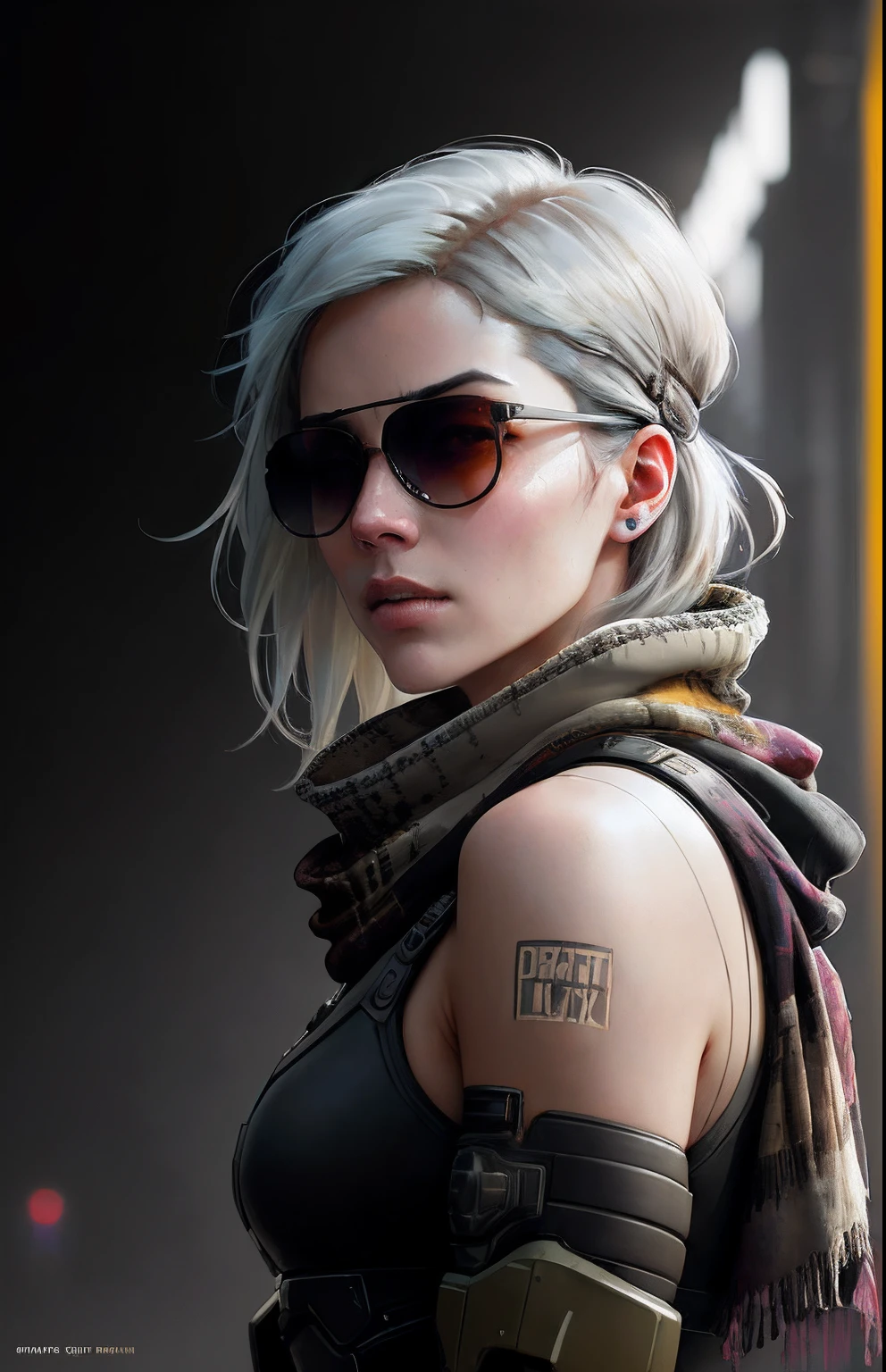 (dark shot:1.1), epic realistic, portrait of halo, sunglasses, blue eyes, tartan scarf, white hair by atey ghailan, by greg rutkowski, by greg tocchini, by james gilleard, by joe fenton, by kaethe butcher, gradient yellow, black, brown and magenta color scheme, grunge aesthetic!!! graffiti tag wall background, art by greg rutkowski and artgerm, soft cinematic light, adobe lightroom, photolab, hdr, intricate, highly detailed, (depth of field:1.4), faded, (neutral colors:1.2), (hdr:1.4), (muted colors:1.2), hyperdetailed, (artstation:1.4), cinematic, warm lights, dramatic light, (intricate details:1.1), complex background, (rutkowski:0.66), (teal and orange:0.4)