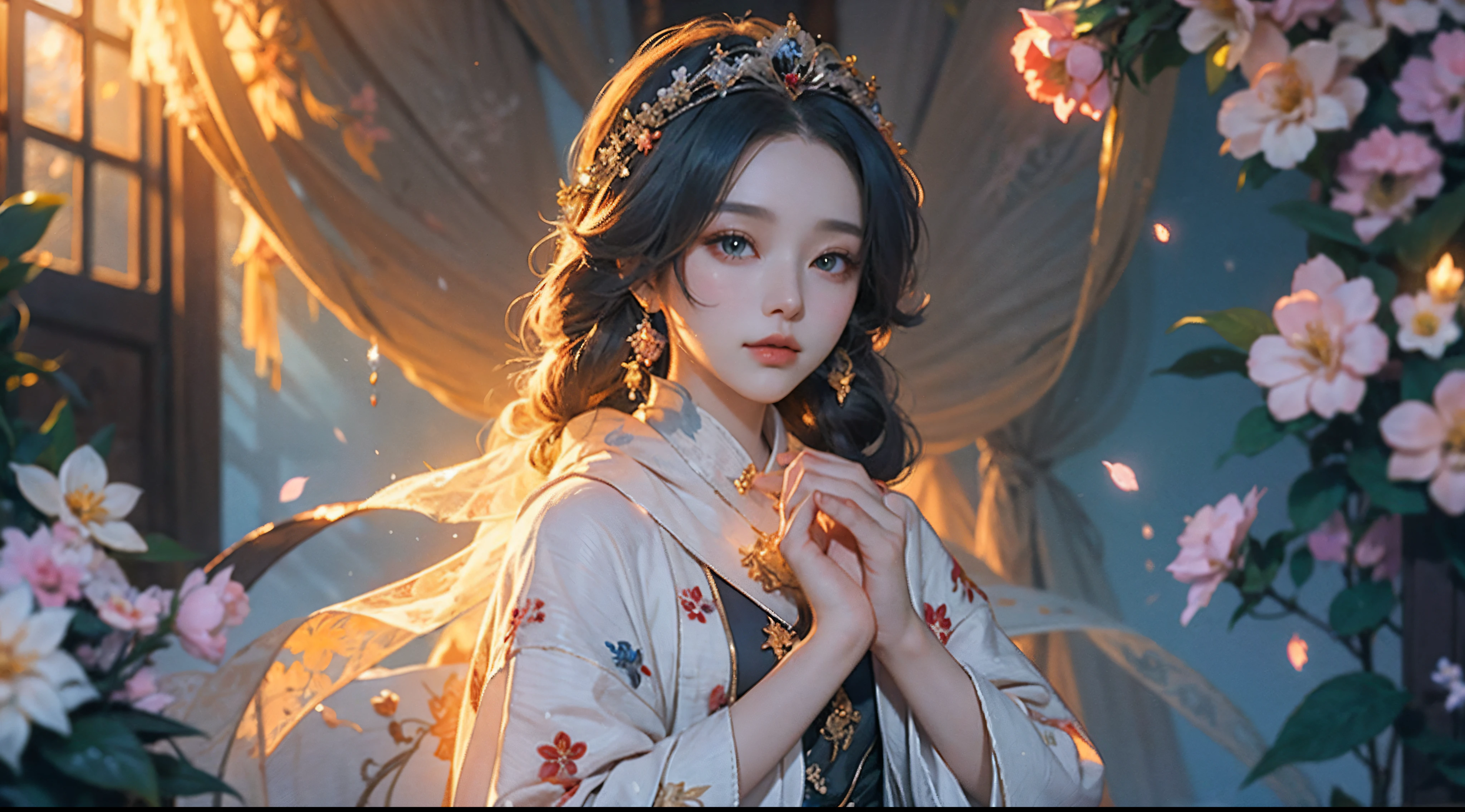 Anime girl in white and black dress，Long hair shawl，((a beautiful fantasy empress))，Palace，A girl in Hanfu，a beautiful fantasy empress，heise jinyao，Anime goddess，flowing hair and long robes，lovely languid princess，onmyoji portrait，inspired by Ma Yuanyu，Flowing white robe，sakura petals around her。