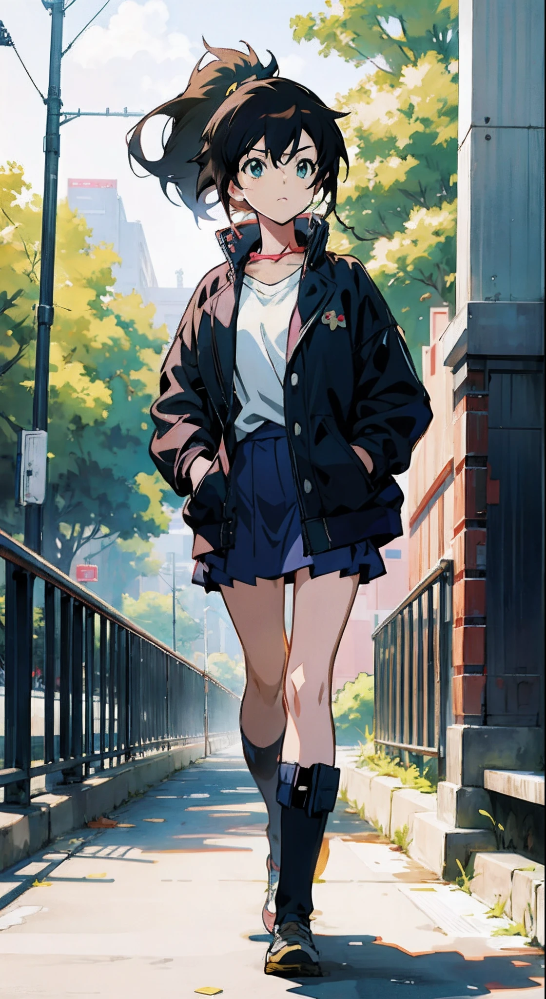 Anime girl walking on sidewalk in short skirt and jacket, urban girl fanart, Anime style. 8K, In anime style, style of anime4 K, Anime art wallpaper 8 K, Anime art style, Makoto shinkai style, in an anime style, Digital anime illustration, Style anime, makoto shinkai art style, High quality anime art style