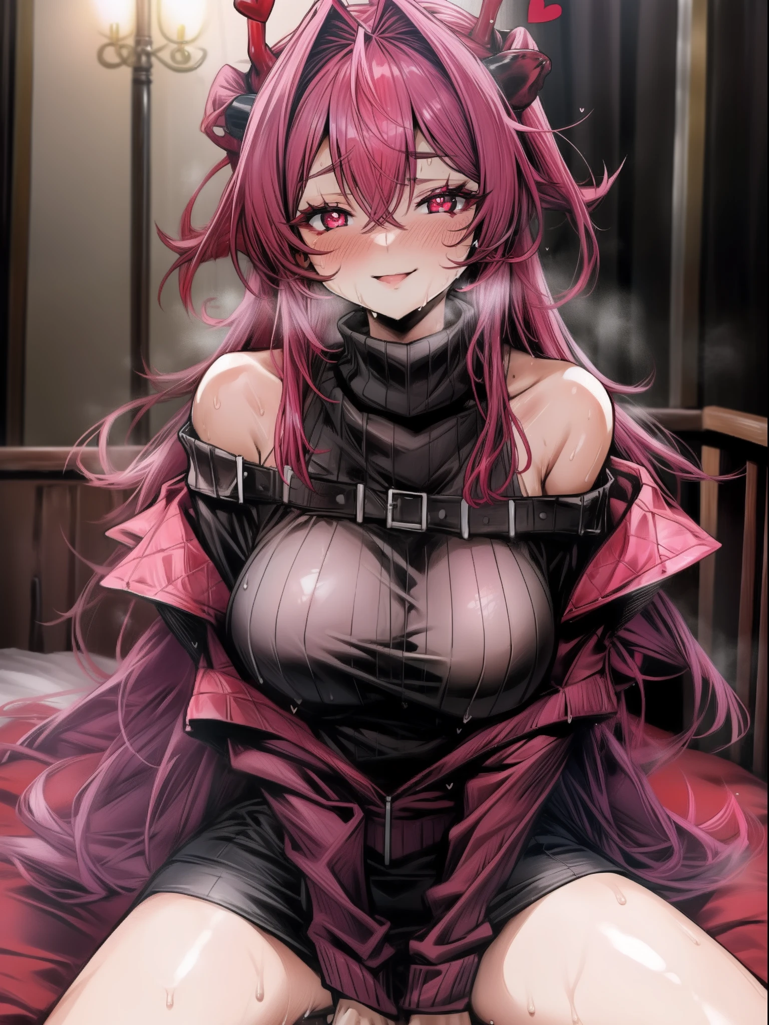 age 8, ribs, large breasts, heart-shaped pupils, red eyes, seductive smile, off-shoulder sweater, straddling, sweat,