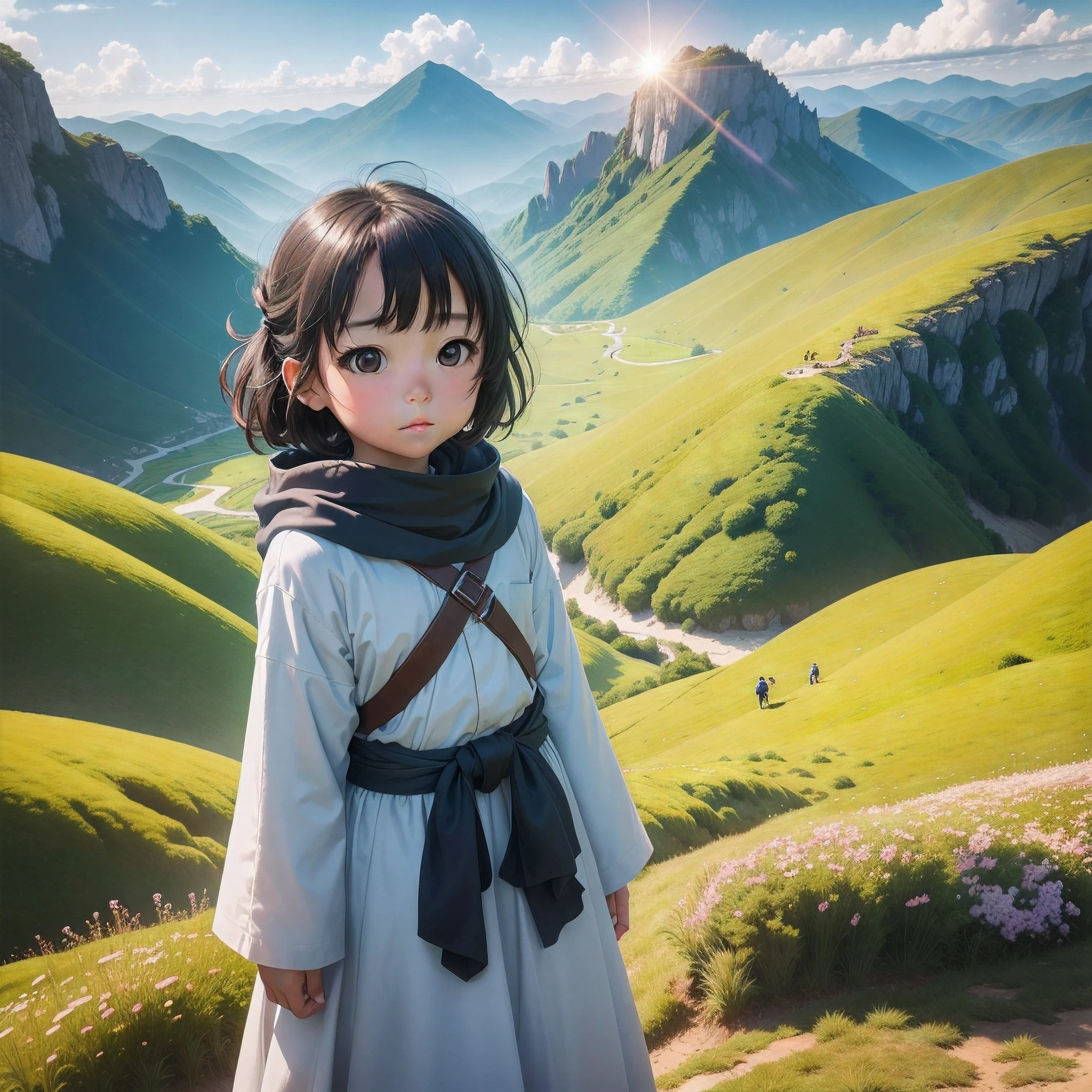 Best quality, hiyao miyazaki,8K，Super healing little boy little girl looking into the distance from the top of the mountain，plethora of colors，ultra-wide-angle，grassy fields，flower  sea，dream magical，Beautiful，the sea，and the sun was shining brightly，vectorial