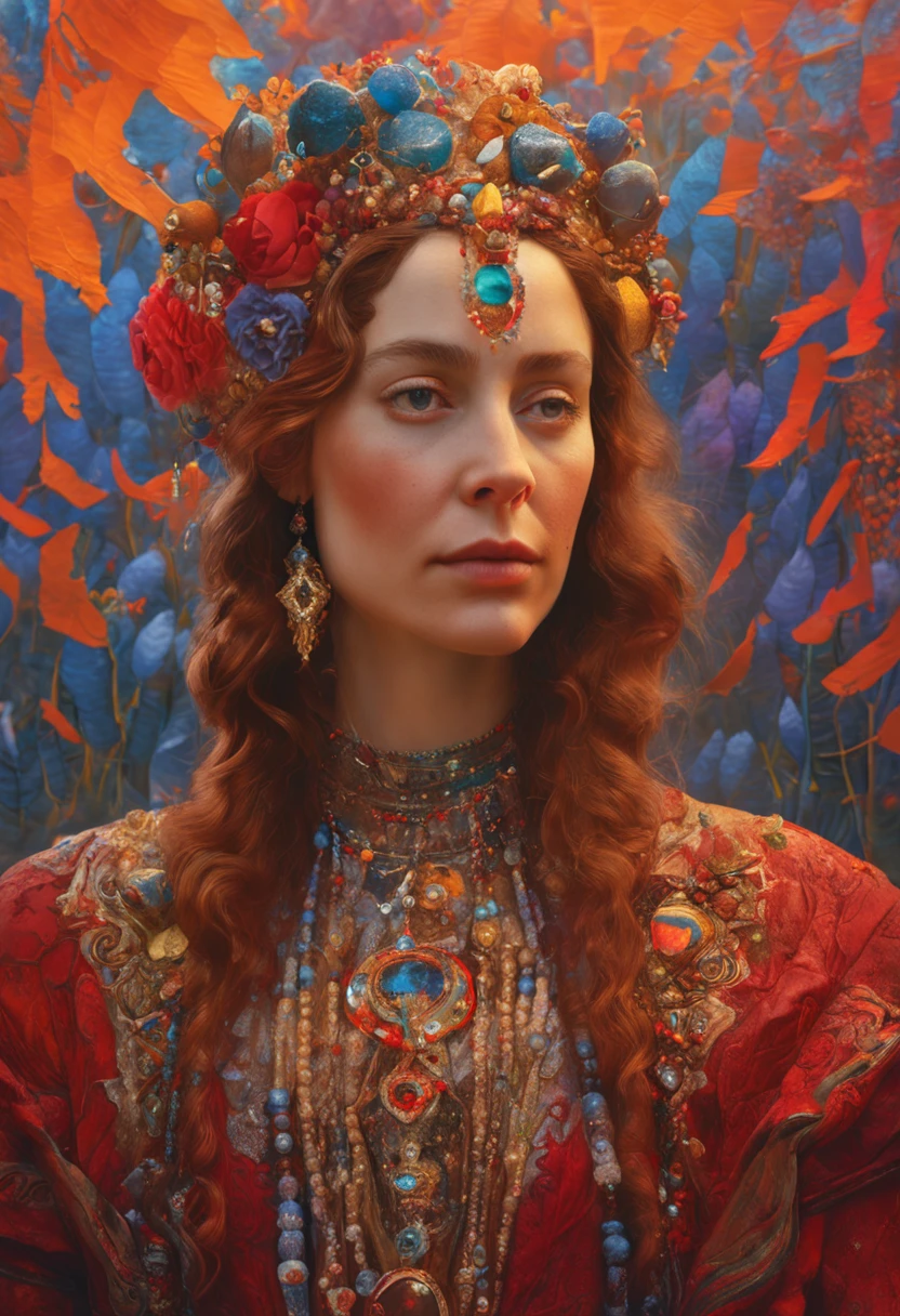 a painting of a woman, a detailed painting, by Victor Nizovtsev, an ai generated image, discord pfp, high detailed photography red, pretty female cleric, dressed as a queen, russian style, face with artgram