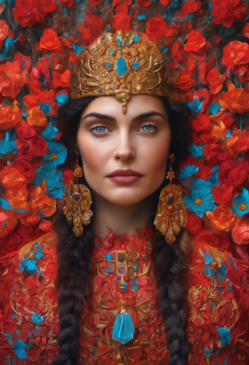 a painting of a woman, a detailed painting, by Victor Nizovtsev, an ai generated image, discord pfp, high detailed photography red, pretty female cleric, dressed as a queen, russian style, face with artgram