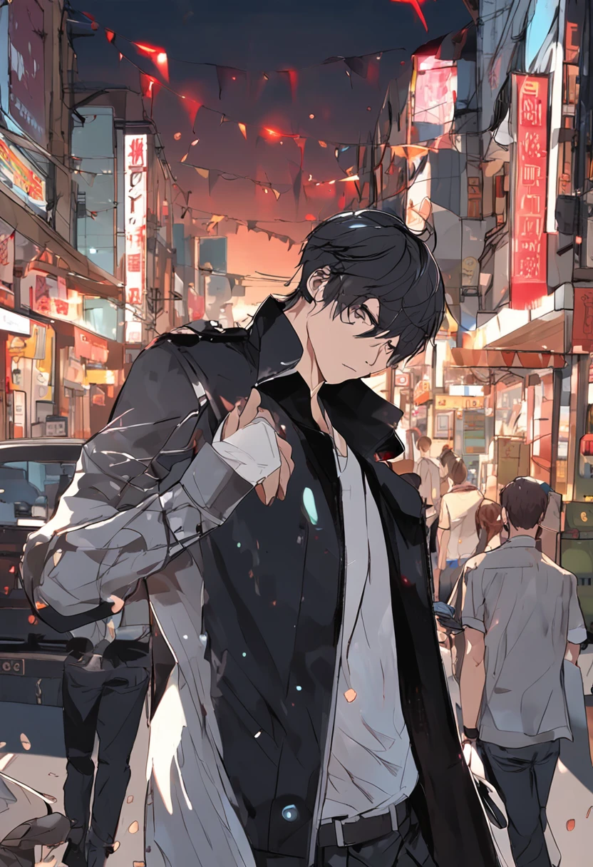 ​masterpiece、Adults、３０Uncle of the generation、twinks、Forehead、30-years old、A dark-haired、Black jacket、Black pants、white t-shirts、Give bangs、Sticking out your forehead、twinks、Eyes drawn in detail、a handsome、Inside the city、starrysky、Mystical light、Dramatic light、Cinematic power、