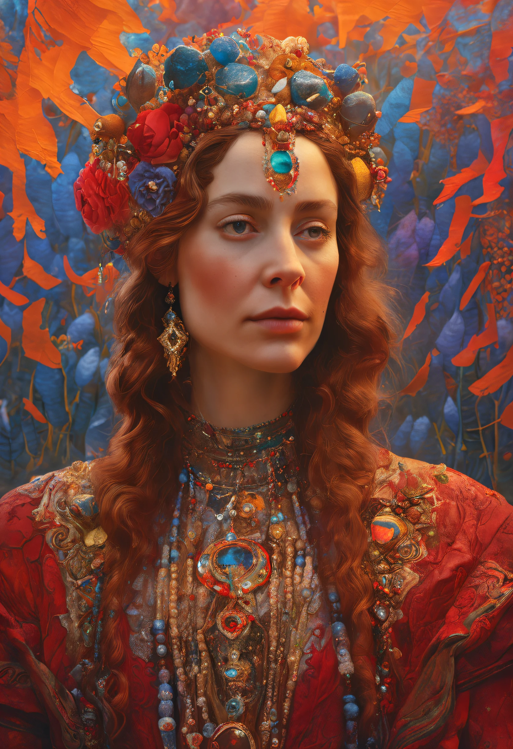 a painting of a woman, a detailed painting, by Victor Nizovtsev, an ai generated image, discord pfp, high detailed photography red, pretty female cleric, dressed as a queen, russian style, face with artgram