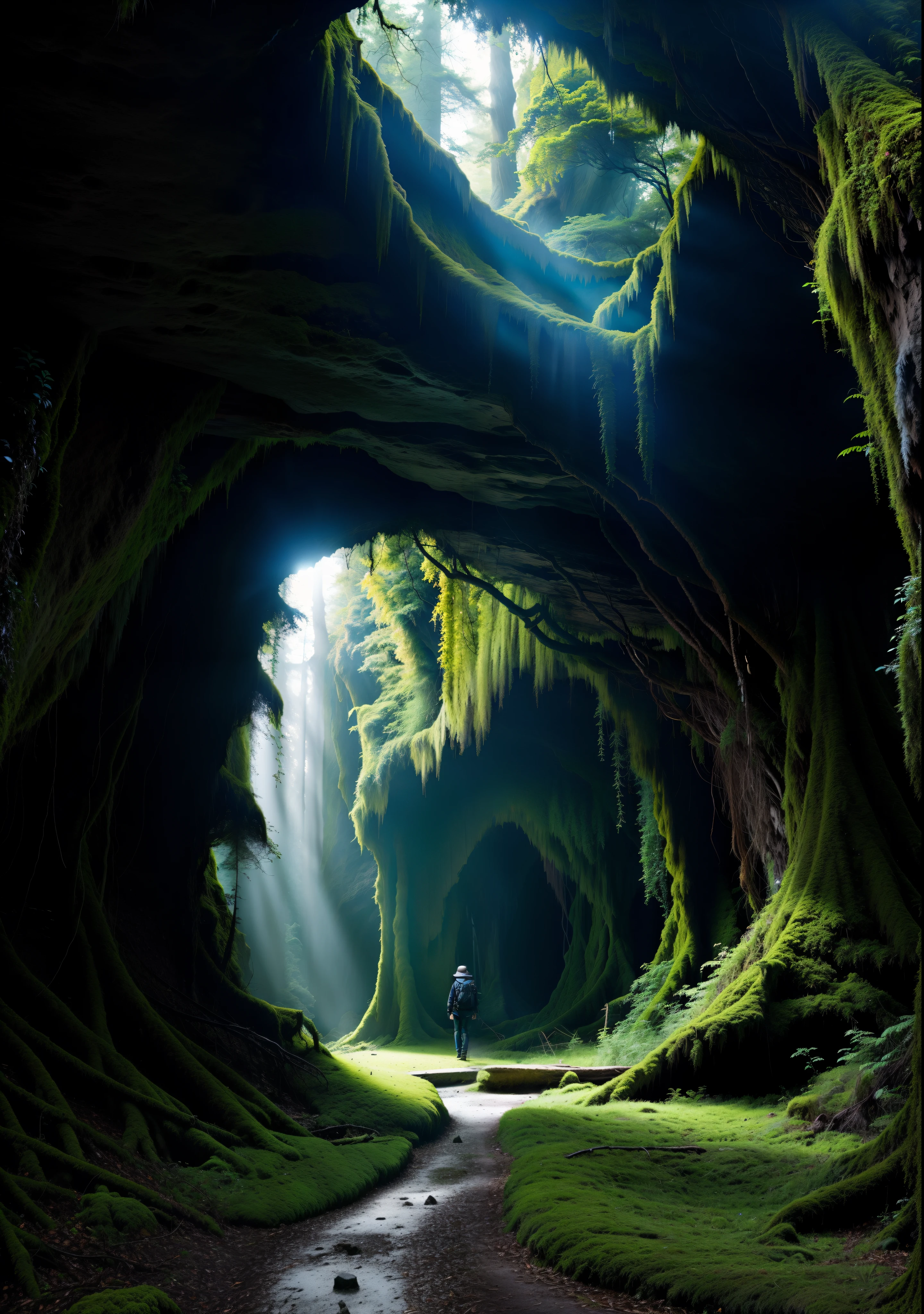 A big deep cave, dark forest, mysterious trees, every where moss,