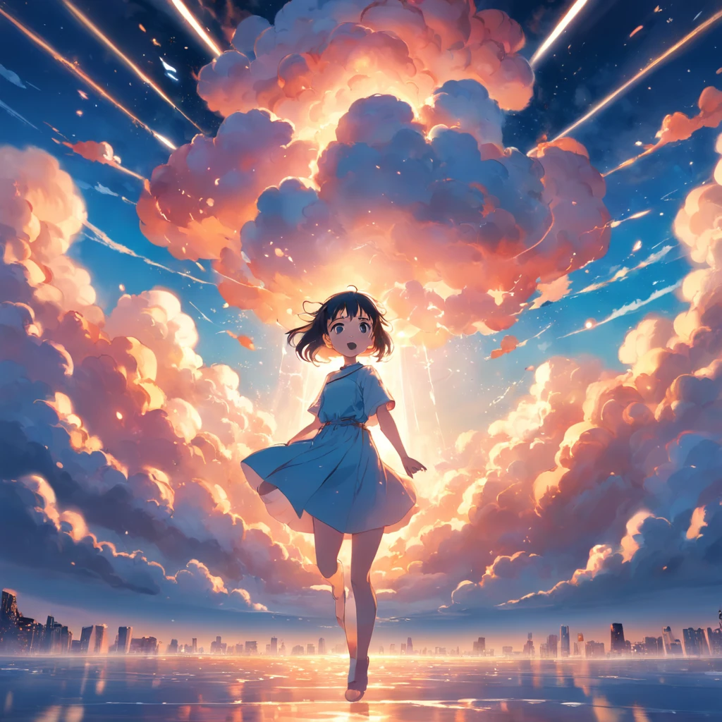 masterpiece, best quality, movie still, 1girl, cloud girl, floating in the sky, close-up, bright, happy, warm soft lighting, sunset, (sparks:0.7)