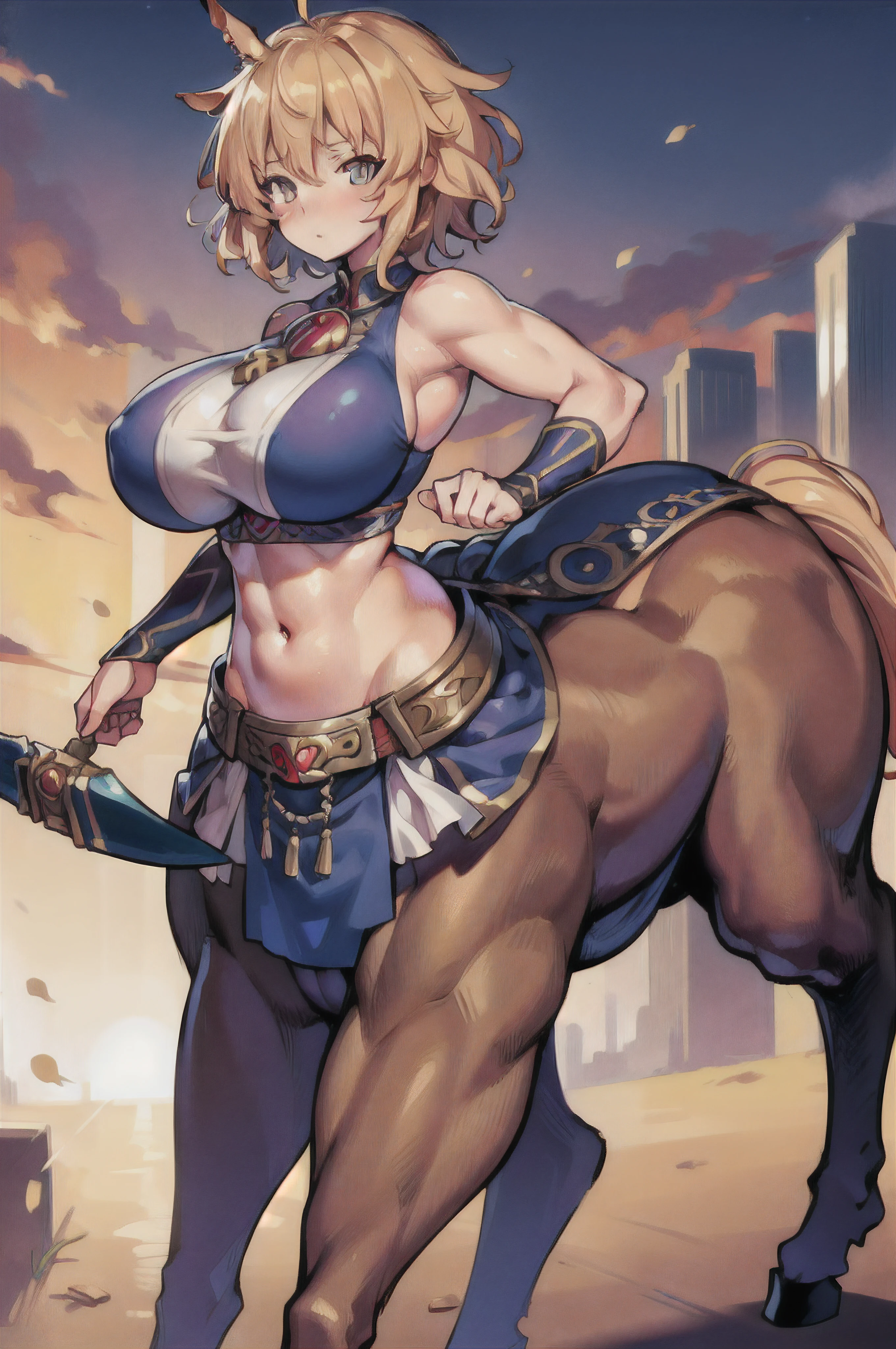 masterpiece, best quality, highrez, 1girl, anime, centaur, Short hair, messy hair, Breast wrapping, large breasts, Midriff, muscular,