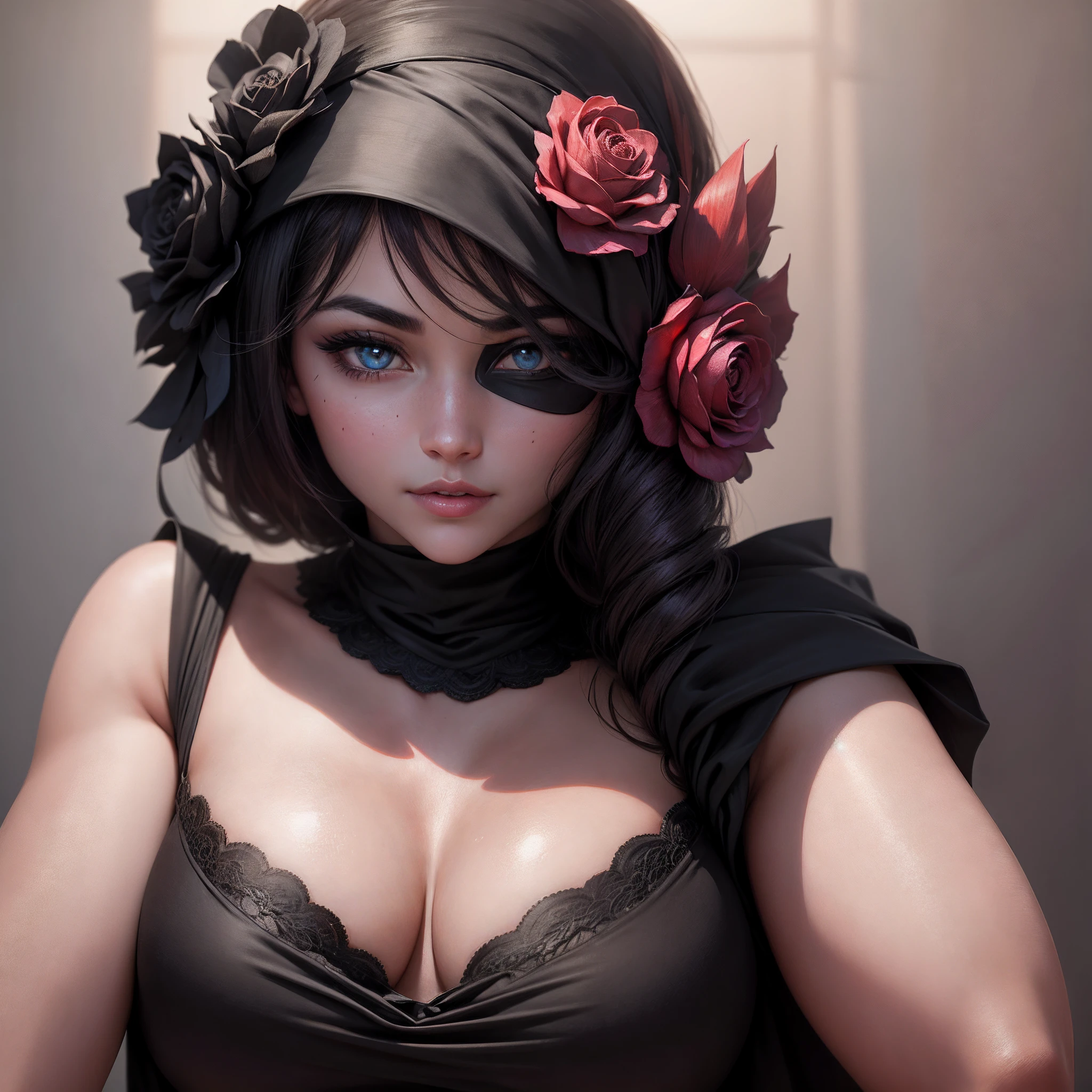 Close up shot of a seductive woman's face, rosy cheeks, mysterious allure, black mask accentuating her captivating eyes.