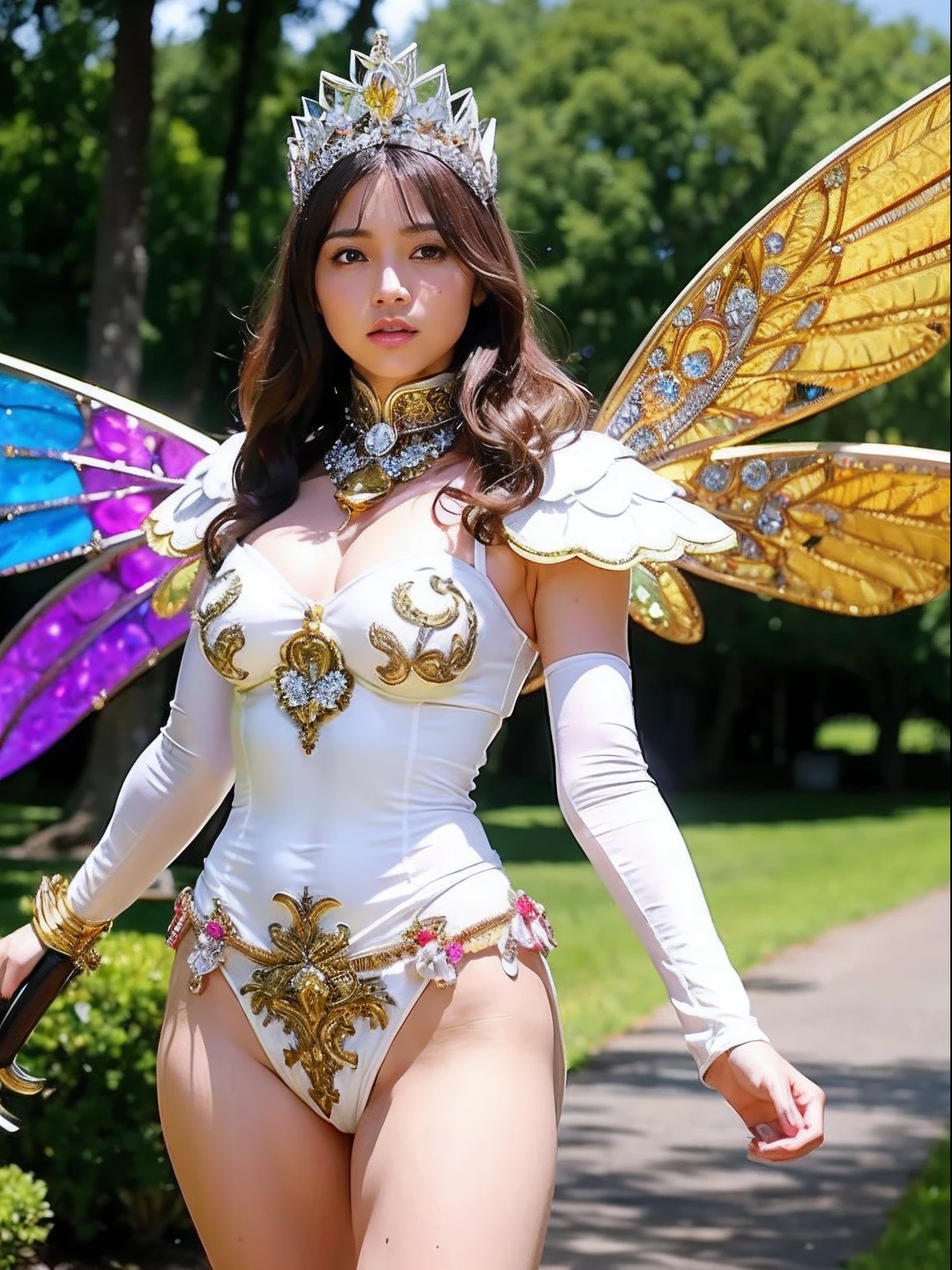 Professional , ​masterpiece、top-quality、photos realistic , depth of fields （Gemstone Silver Metal Body:1.９),(Matte White Pink、Jewel Gold Weapon、（Gorgeous castle background）、（ultimate beauty girl）、（Rainbow fairy wings grow）、Particles of light、（Metal body of iridescent gemstones:1.９),Gorgeous Jewel Metal Weapons , Detailed Sword of the Brave ,（ a blond）    , adepta sororitas,Detail and ornate jewel crown、独奏、Brown hair、Mystical expression、（Gangle's forest background）、Beautiful Caucasian beauty、１a person、dynamic ungle,(((Diamond tiara with detail and luxury)))、a small face、Beautiful poses、（Gorgeous castle background）、huge filesize、Beautiful girl 、Stand in the center of the screen、Thin female fingers、Straight long hair、Beautiful Caucasian beauty、（maikurobikini）、Hair fluttering in the wind、face forwards、Look at viewers、（Armpit）、Armpit、