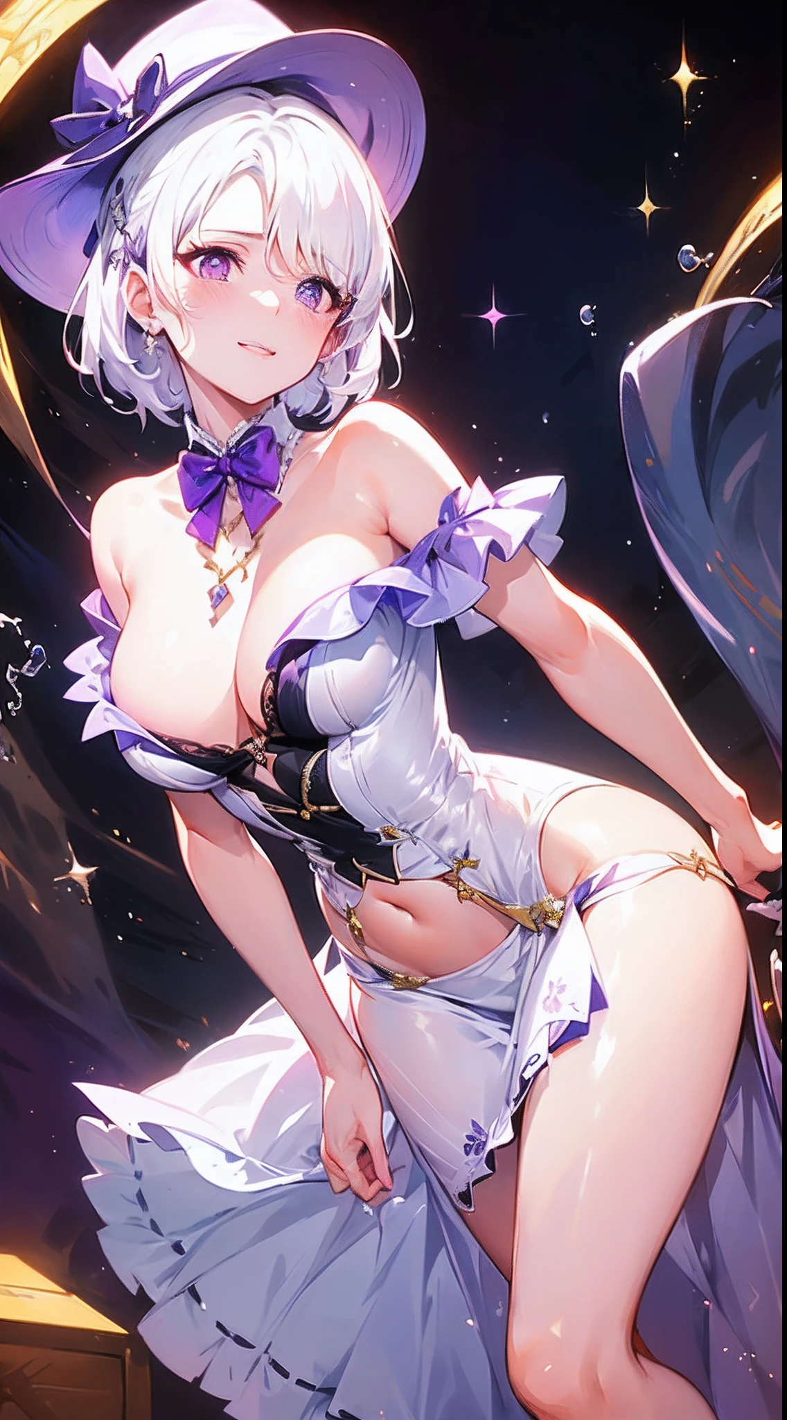 (Best quality),(4k), [highly grand detailed CG painting]!!,(cheer sticks),(((the Greatest masterpiece,))) (ultra detailed),(((idol))),(intricately details),(Natural,cute face,arrogant and shy),((((beautiful stage)))),(dynamic angles,view from the top),(consistent stream),(dynamic lighting),(blooming,synthetic wave), (reality: 0.7), solo,1 girl,Long eyelashes,watery eyes,reflected eyes,eyes shadow,light purple eyes,((one purple bow tie)),((big witch hat)), (blue off-the-shoulder shirt: 0.4,lace),beautiful detailed hair, [white dress]!!, white haired deity,((elegant and conservative cloth))