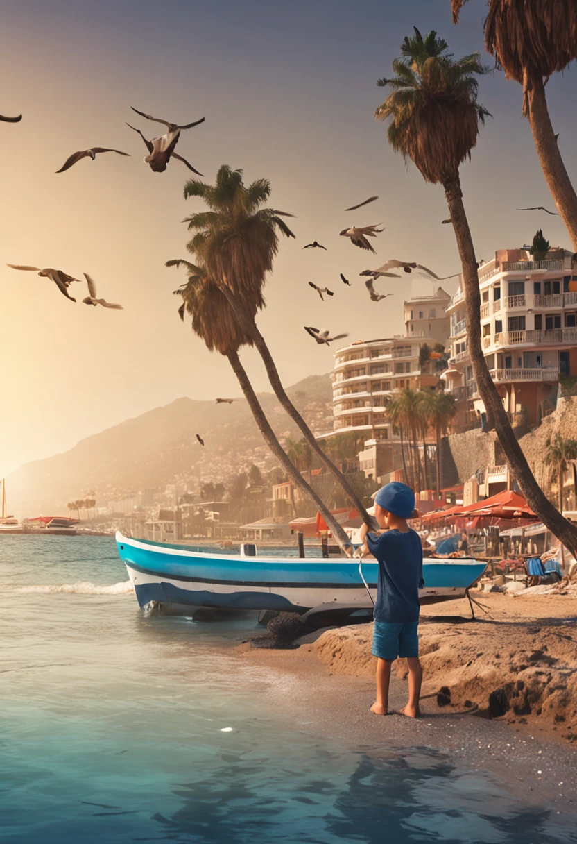 8 year old European boy, in the seaside town of Alanya, early morning, sea, fishermen, boats, palm trees, lighthouse, seagulls, breeze, summer, morning, sunny, clouds, calm,