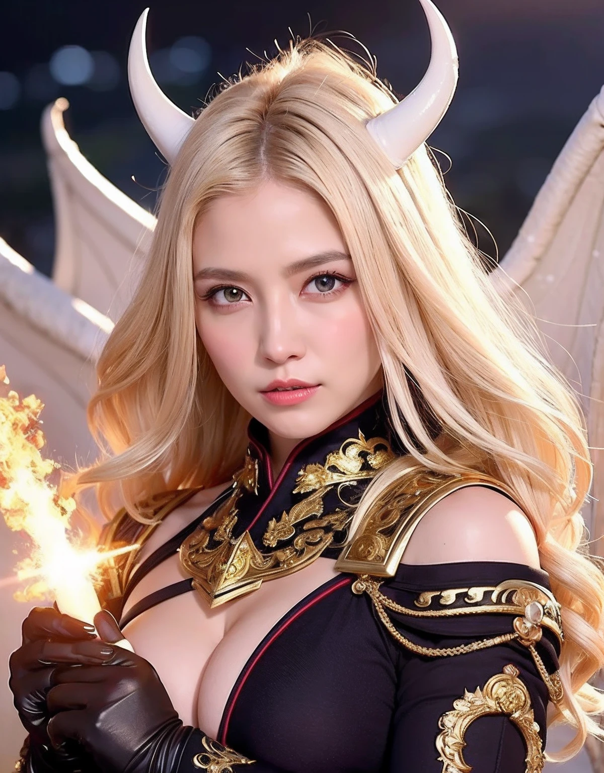 Professional , ​masterpiece、top-quality、photos realistic , depth of fields 、Idle Smile、（White Gemstone Body:1.2),(Matte white with gold pattern、Mystical expression、（cleavage of the breast）、Jewel Gold Weapon、Particles of light),Gorgeous gold weapons ,（（ Dragon dense and gorgeous dragon sword）） , （demonic wings）   ,warhammer 40k 、（（White hair））、（Castle background）、（demonic wings）、（（Gangle's forest background））、Beautiful Caucasian beauty、１a person、dynamic ungle,(((Two devil's horns on the head)))、Smaller head、Idle Smile、Thin and beautiful female hands、cleavage of the breast、Mystical expression、Light Effects、intense fighting、Wind-effect、magic circles、With the legendary magic wand、Dragon's tail、