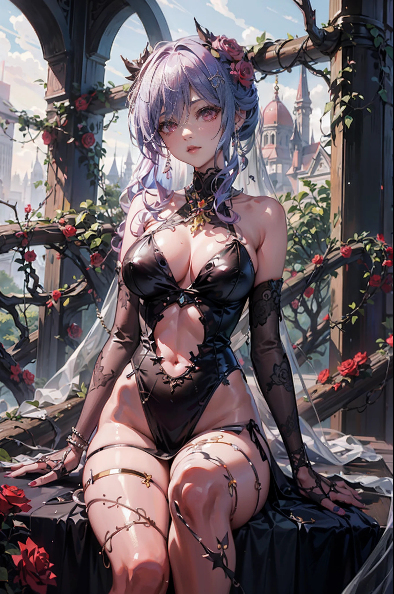Anime girl sitting on rose bench in lingerie, seductive anime girls, Guweiz in Pixiv ArtStation, Guweiz on ArtStation Pixiv, Guviz, 8K high quality detailed art, a sexy maid in a magical forest, Guviz-style artwork, gothic maiden anime girl, beautiful and seductive anime woman, intricate body