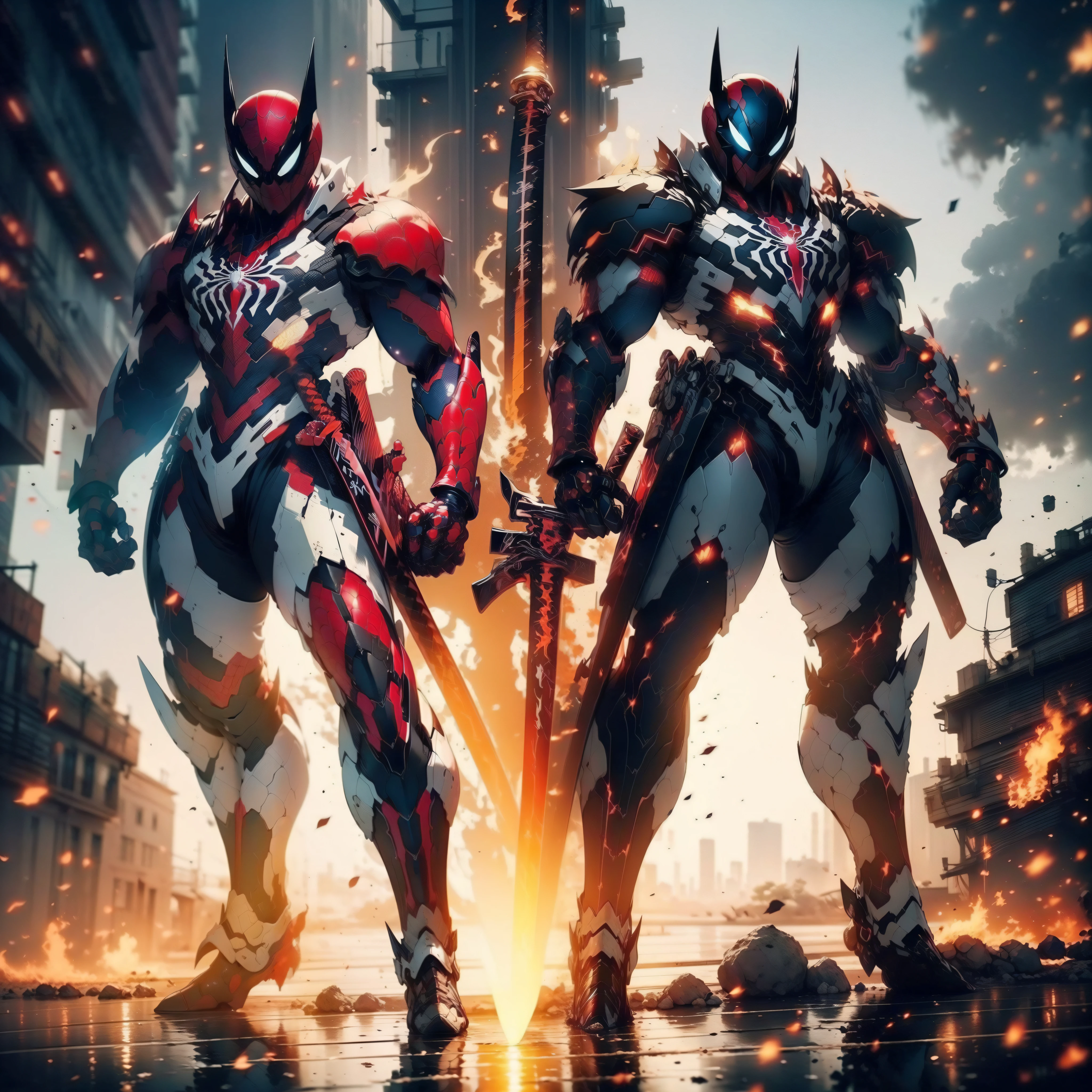 Spider man 2099 holding a katana, (((8k quality))), (((4k quality))), best quality, masterpiece, bloody background, badass look, full body picture, badass pose, (((full body picture))), 1 person, one character.
