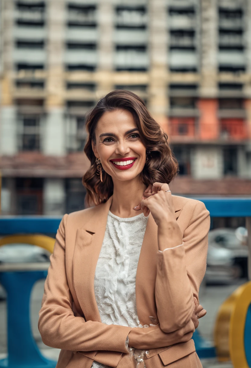 European woman with teeth in the foreground, high quality teeth, perfect tooth alignment, short hair, dressed, happy smile, high quality image, in a dental clinic, write Dr.Dt.Kutay Gürel on the wall behind