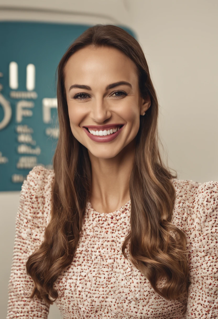 European woman with teeth in the foreground, high quality teeth, perfect tooth alignment, short hair, dressed, happy smile, high quality image, in a dental clinic, write Dr.Dt.Kutay Gürel on the wall behind