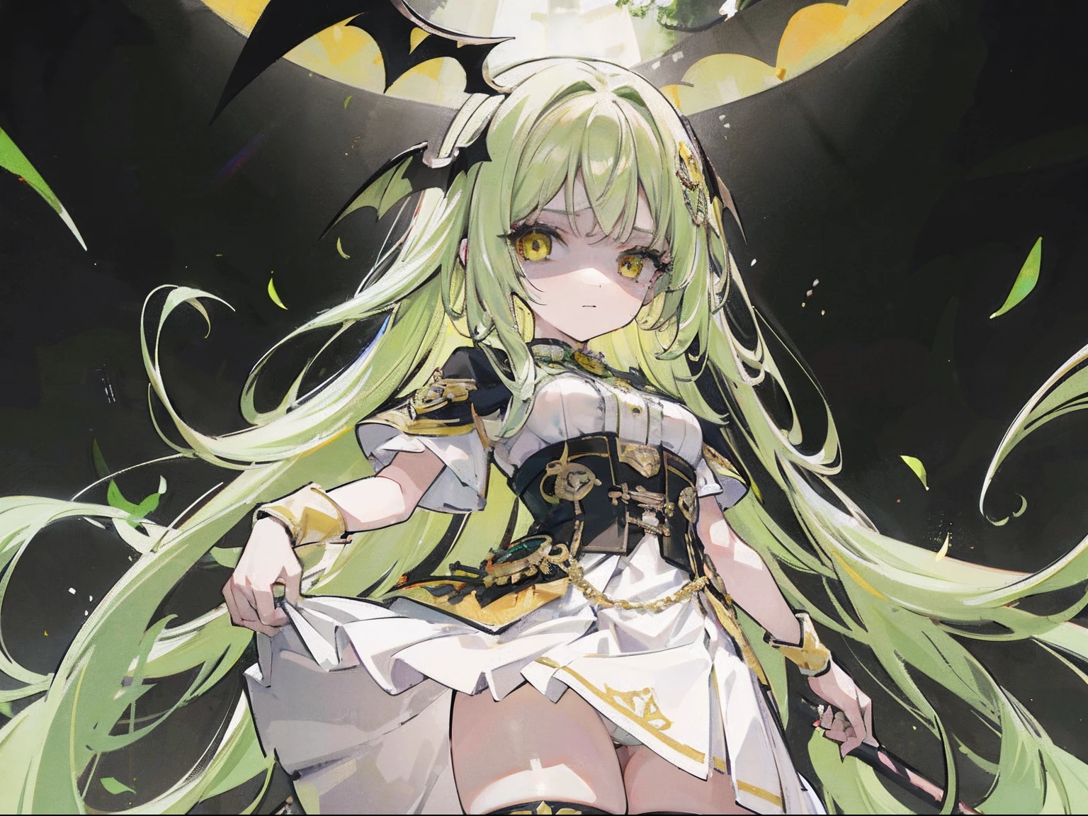 white skirt,green hair, long hair, black corset dress,8K, masterpiece, highly detailed face,medium breast,solid circle eyes,bat wing,yellow eyes,god ray,detailed shading,depth of field, mad, shaded face,skirt lift, panties, [self lift]