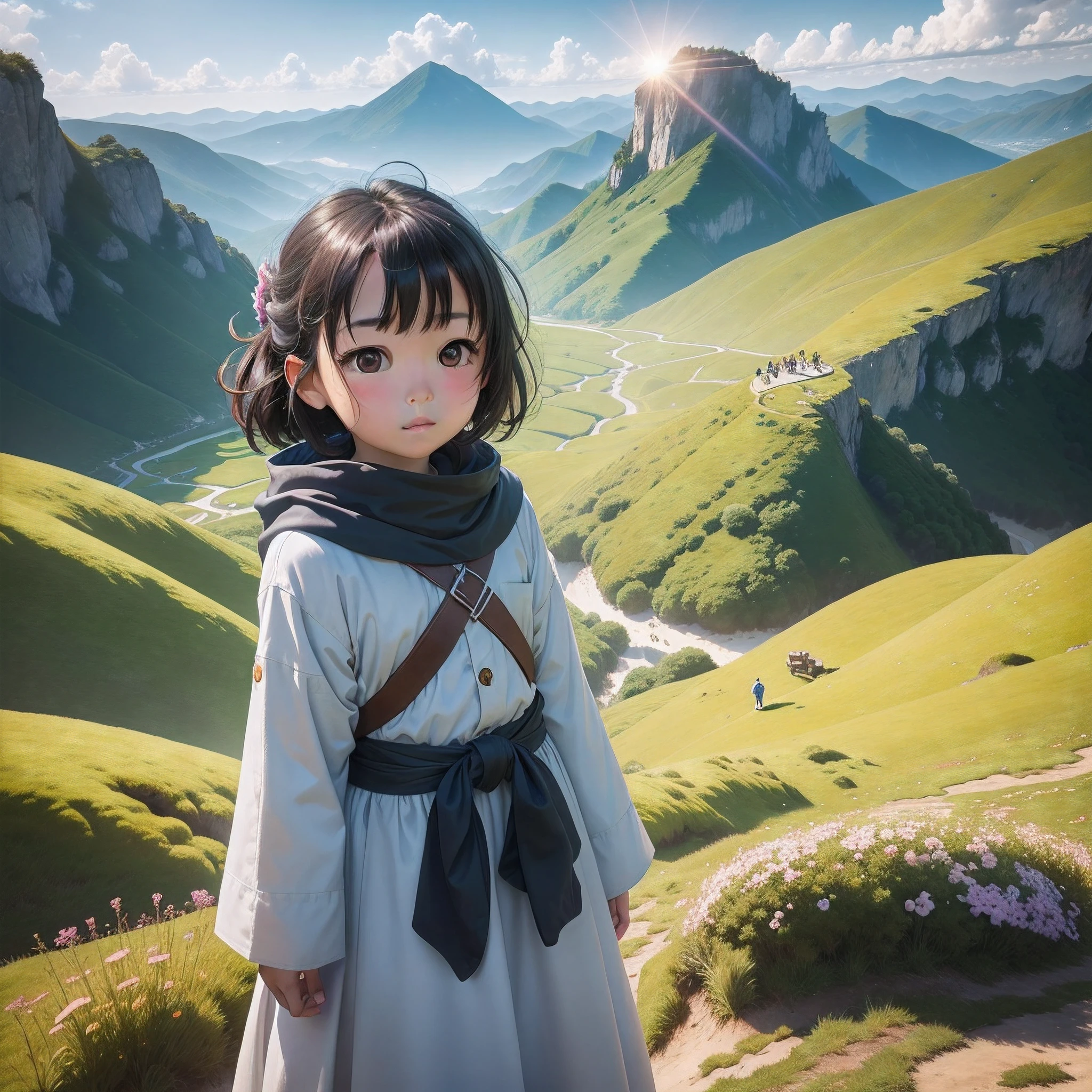 Best quality, hiyao miyazaki,8K,Super healing little boy little girl looking out at the ocean from the top of the mountain,plethora of colors,ultra-wide-angle,grassy fields,More flowers,Dreamy and sunny,vectorial,Generate images from multiple cameras from different angles
