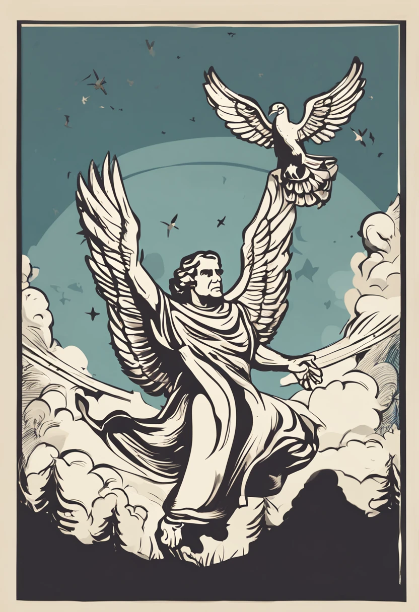 a cartoon image of a white man with a trumpet flying through the sky, anjo do antigo testamento, biblical accurate angel, the god of music, anjo biblicamente acuado, anjos biblicamente precisos, anjo biblicamente preciso, ophanim has bird wings, Segunda vinda, bible illustration, arcanjo, Arcanjo Miguel, trombetas alegres, jesus christ fighting lucifer, holy themed