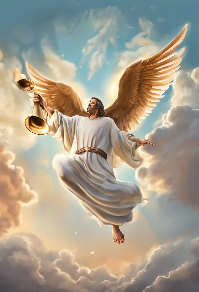 a cartoon image of a white man with a trumpet flying through the sky, anjo do antigo testamento, biblical accurate angel, the god of music, anjo biblicamente acuado, anjos biblicamente precisos, anjo biblicamente preciso, ophanim has bird wings, Segunda vinda, bible illustration, arcanjo, Arcanjo Miguel, trombetas alegres, jesus christ fighting lucifer, holy themed