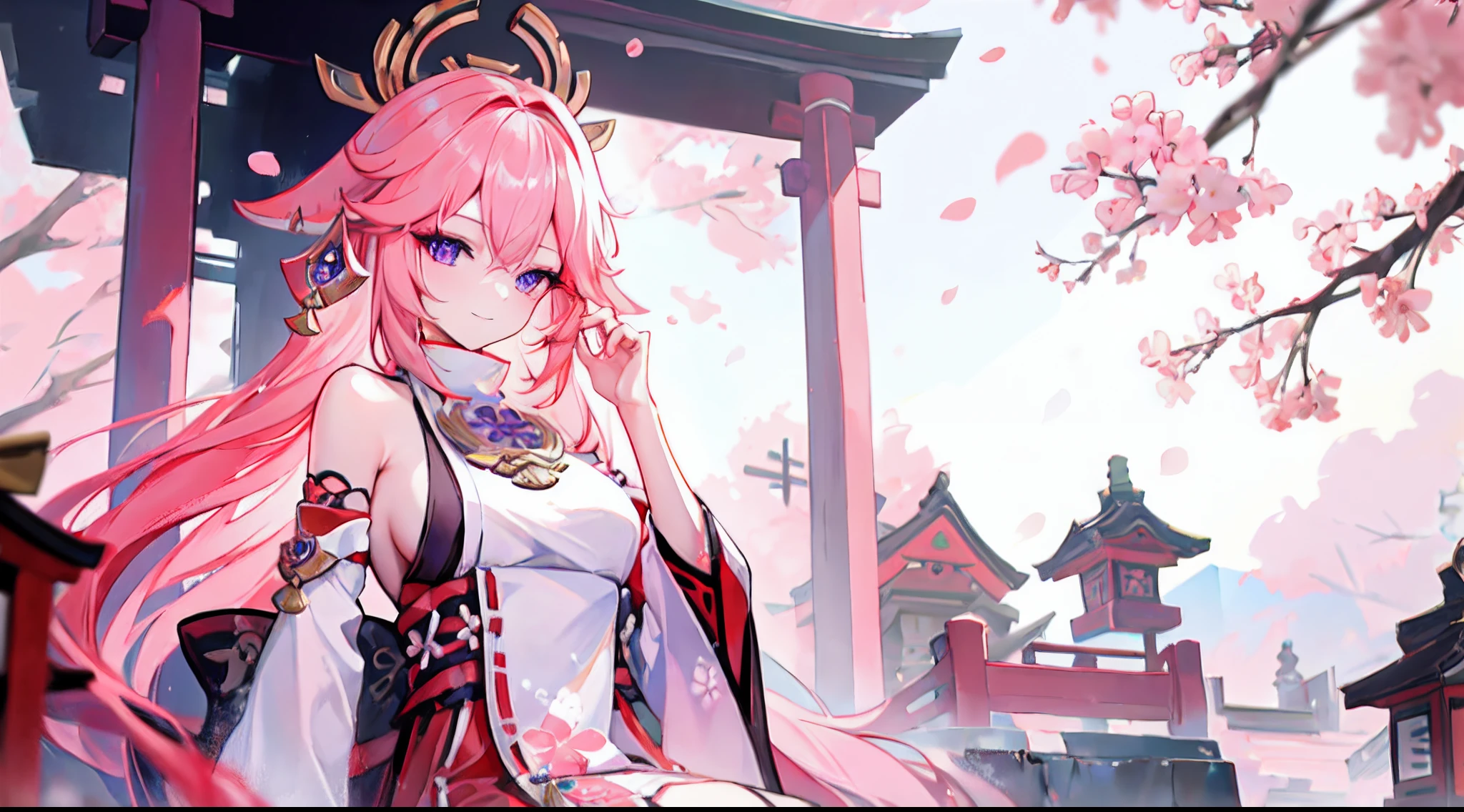 1girll, (Ulzzang-6500:0.7), Kpop idol, Yae Miko, Detached sleeves, Bare shoulders, Pink hair, Long hair, Japanese clothes, Best quality, (Painting:1.5), (hair adornments:1.35), jewelry, Purple eyes, Earrings, Breasts, Torii, Cherry blossoms, Lantern light, Depth of field, Detailed face, Face focus, ribbon_Trim, (view the viewer:1.25), nontraditional miko, Shiny skin, Long sleeves, Smile, Thick lips, Game CG, hands on lips, east asian architecture, (The background is blurred out:1.2), Sitting, Upper body,