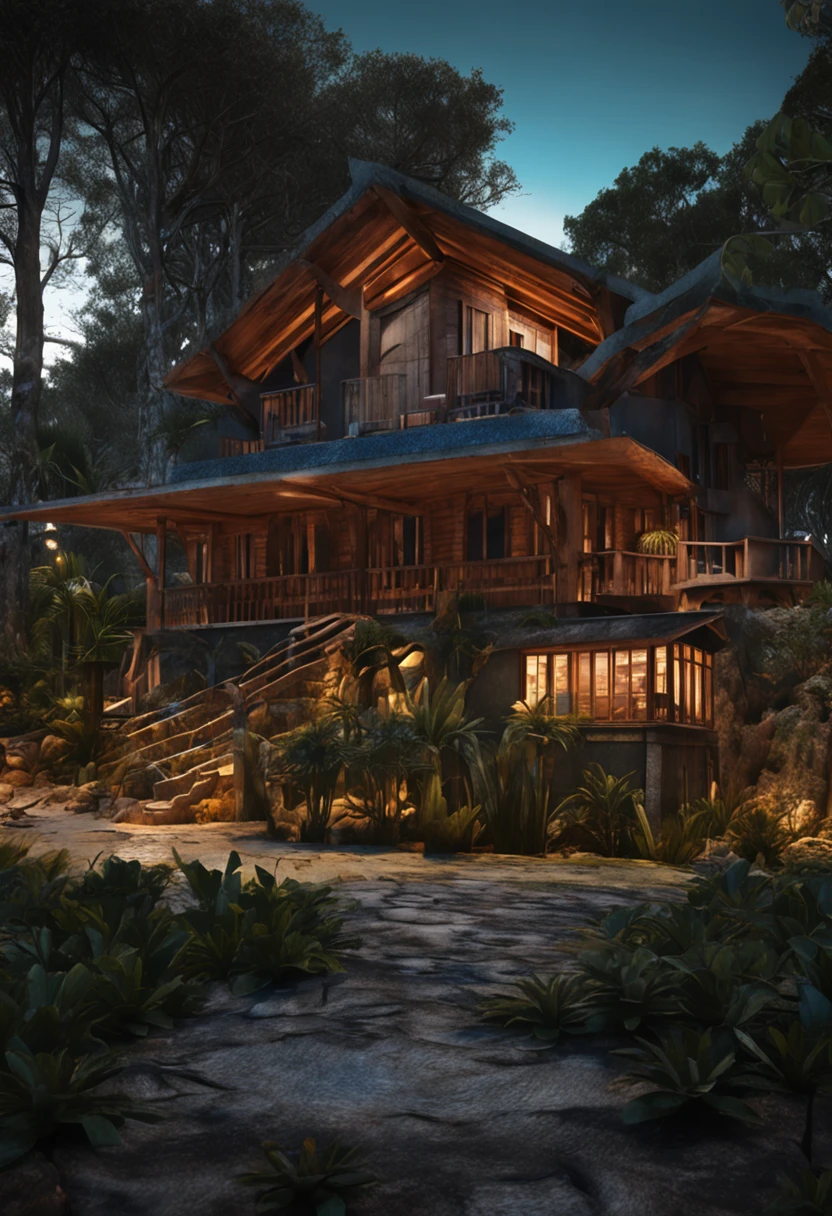 Casa Grande no sitio, in the middle of the trees, Campo gramado, Lumion Pro Rendering, photographic render, HDR, melhor qualidade, cinematic picture, night ligthning