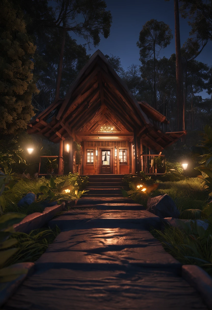 Casa Grande no sitio, in the middle of the trees, Campo gramado, Lumion Pro Rendering, photographic render, HDR, melhor qualidade, cinematic picture, night ligthning