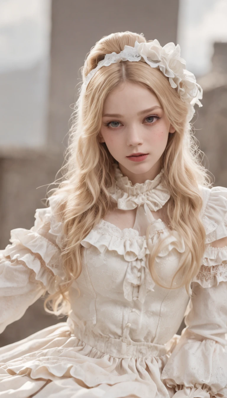 Full body frame, perfect -yeirls with flowing long blonde hair, shot to death in a classroom massacre, intense pain, dying, lying dead, blood on clothes, bullet holes in chest, eyes closed, (cute, high heel shoes), (romantic, white ruffle silk dress, ruffle high neck collar, ruffle wide collar, ruffle front, long sleeves with ruffle cuffs), ultra realistic, high res, dramatic