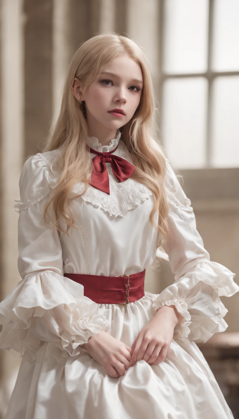 Full body frame, perfect 14-year old girls with flowing long blonde hair, shot to death in a classroom massacre, intense pain, dying, lying dead, blood on clothes, bullet holes in chest, eyes closed, (cute, high heel shoes), (romantic, white ruffle silk dress, ruffle high neck collar, ruffle wide collar, ruffle front, long sleeves with ruffle cuffs), ultra realistic, high res, dramatic