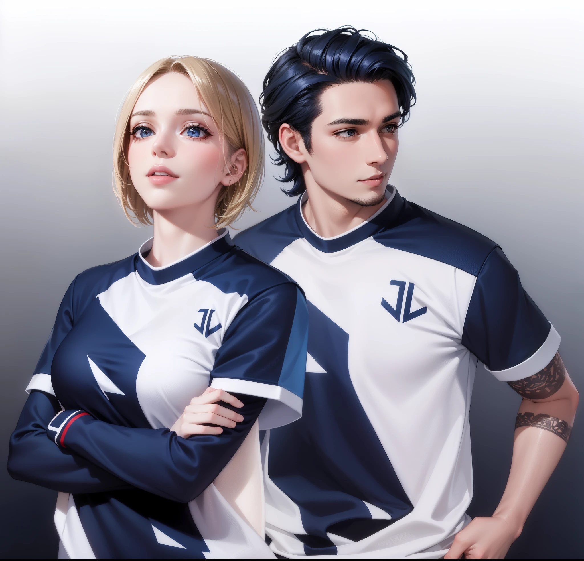 2 people, woman and man, Attractive profile picture, masterpiece, ultra-precise rendering, beautiful and cool young woman, trustworthy, dependable young woman, savior of the world, simple design, most beautiful image, 4K, blue black hair, beautiful woman, beautiful smile, woman short hair, clean skin, men facial hair,