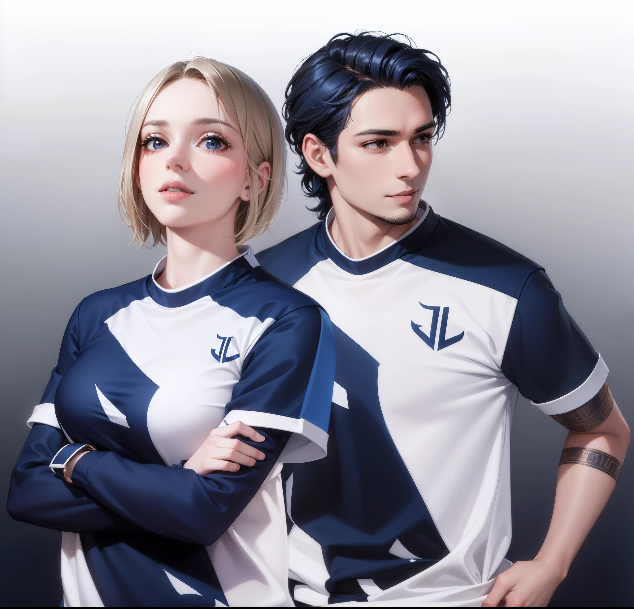 2 people, woman and man, Attractive profile picture, masterpiece, ultra-precise rendering, beautiful and cool young woman, trustworthy, dependable young woman, savior of the world, simple design, most beautiful image, 4K, blue black hair, beautiful woman, beautiful smile, woman short hair, clean skin, men facial hair,