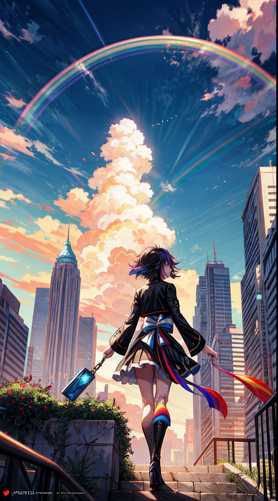 ((Rainbow Daytime Sky))、Anime girl looking at big city landscape,Near Future City、 makoto shinkai cyril rolando, anime art wallpaper 4k, anime art wallpaper 4k, Anime art wallpaper 8k, inspired by Cyril Rolando, in the style dan mumford artwork, amazing wallpapers, by Yuumei